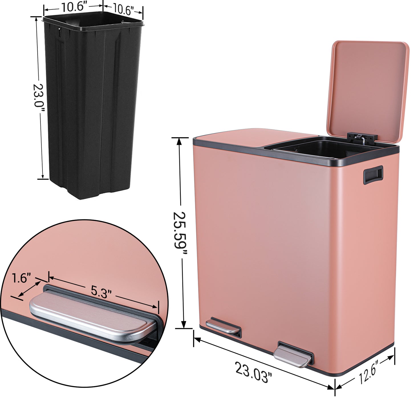 LAZY BUDDY Dual Garbage Can, Stainless Steel 16 Gallon Step Can W/ Foot Pedal, Double Compartment Garbage Recycling Bin