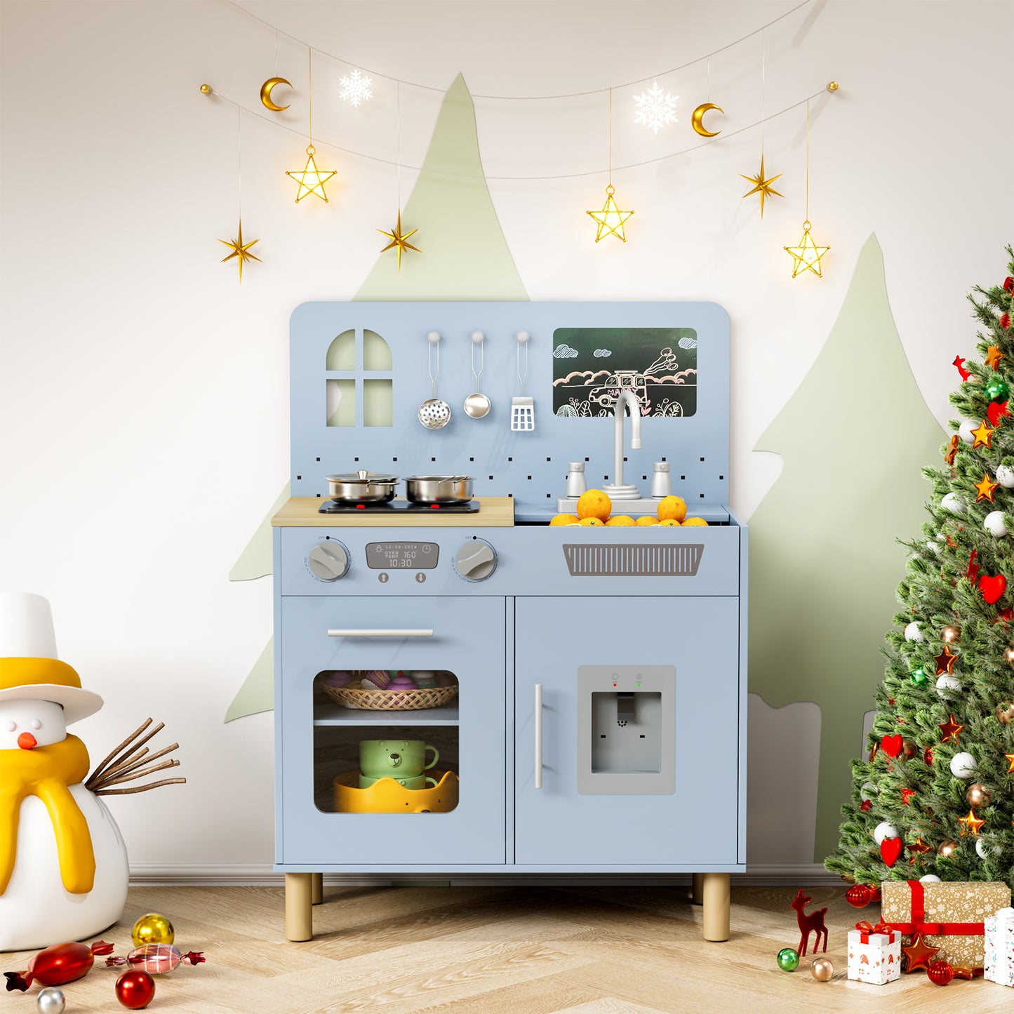 LAZY BUDDY Pretend Play Wooden Kids Kitchen Set, Toddler Toy Kitchen Playset with Graffiti Blackboard, Oven, Sink & Clicking Knobs