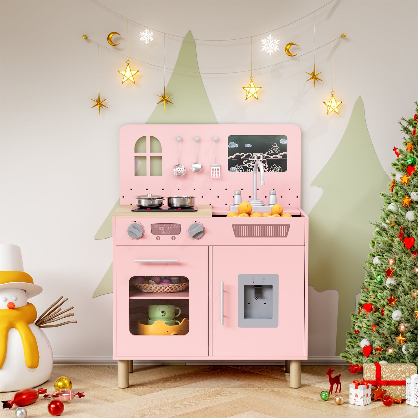 LAZY BUDDY Pretend Play Wooden Kids Kitchen Set, Toddler Toy Kitchen Playset with Graffiti Blackboard, Oven, Sink & Clicking Knobs