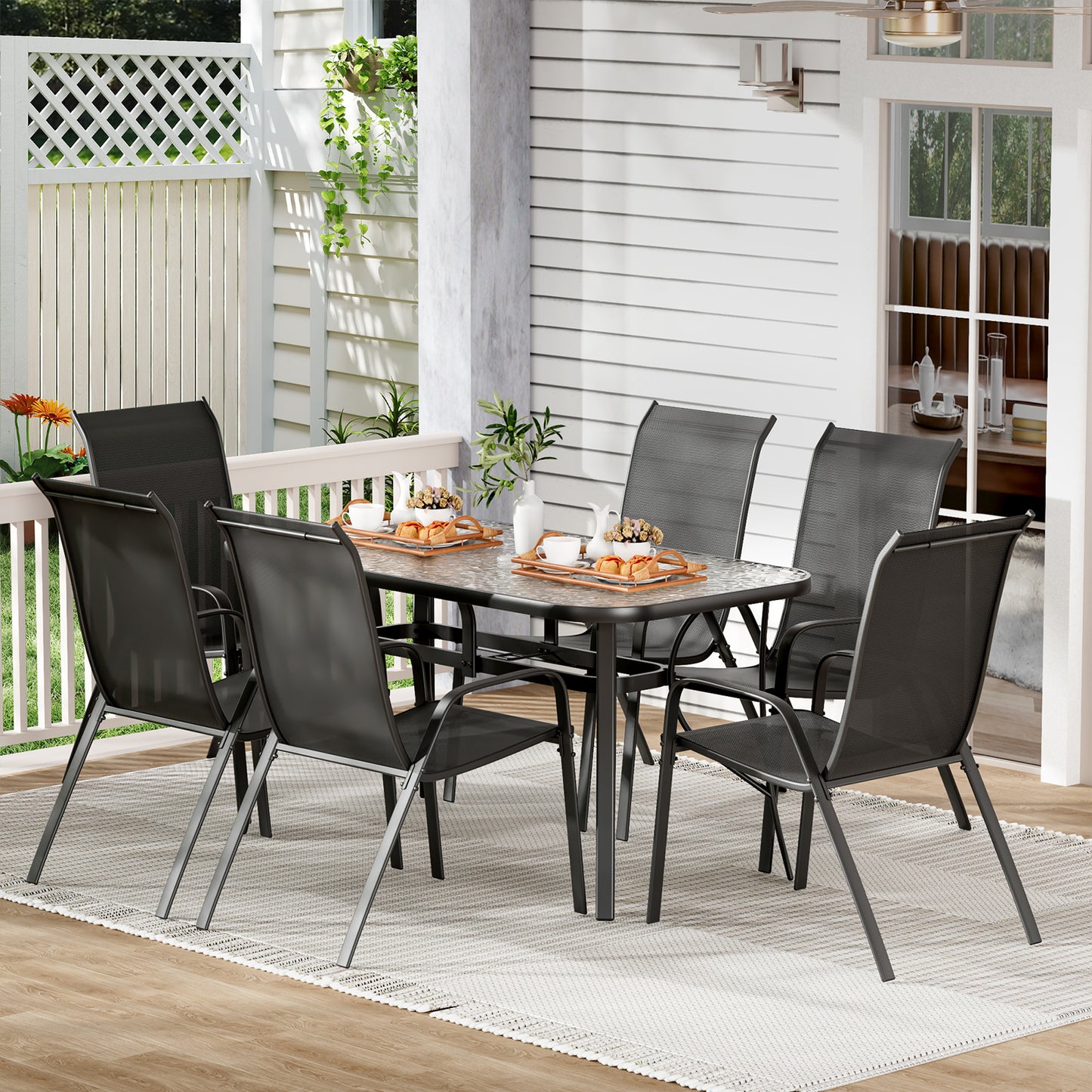 LAZY BUDDY Patio Dining Set of 7 with Umbrella Hole, Outdoor Furniture Table and 6 Textilene Chairs for Lawn, Backyard, Deck, 330LBS