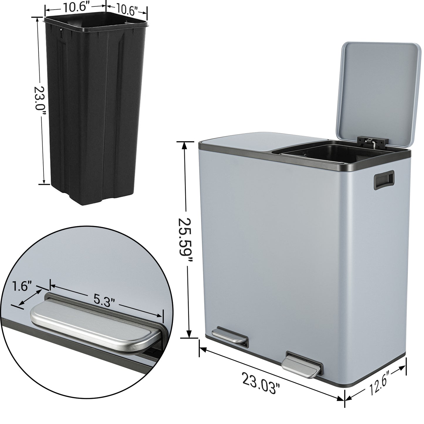 LAZY BUDDY Dual Garbage Can, Stainless Steel 16 Gallon Step Can W/ Foot Pedal, Double Compartment Garbage Recycling Bin