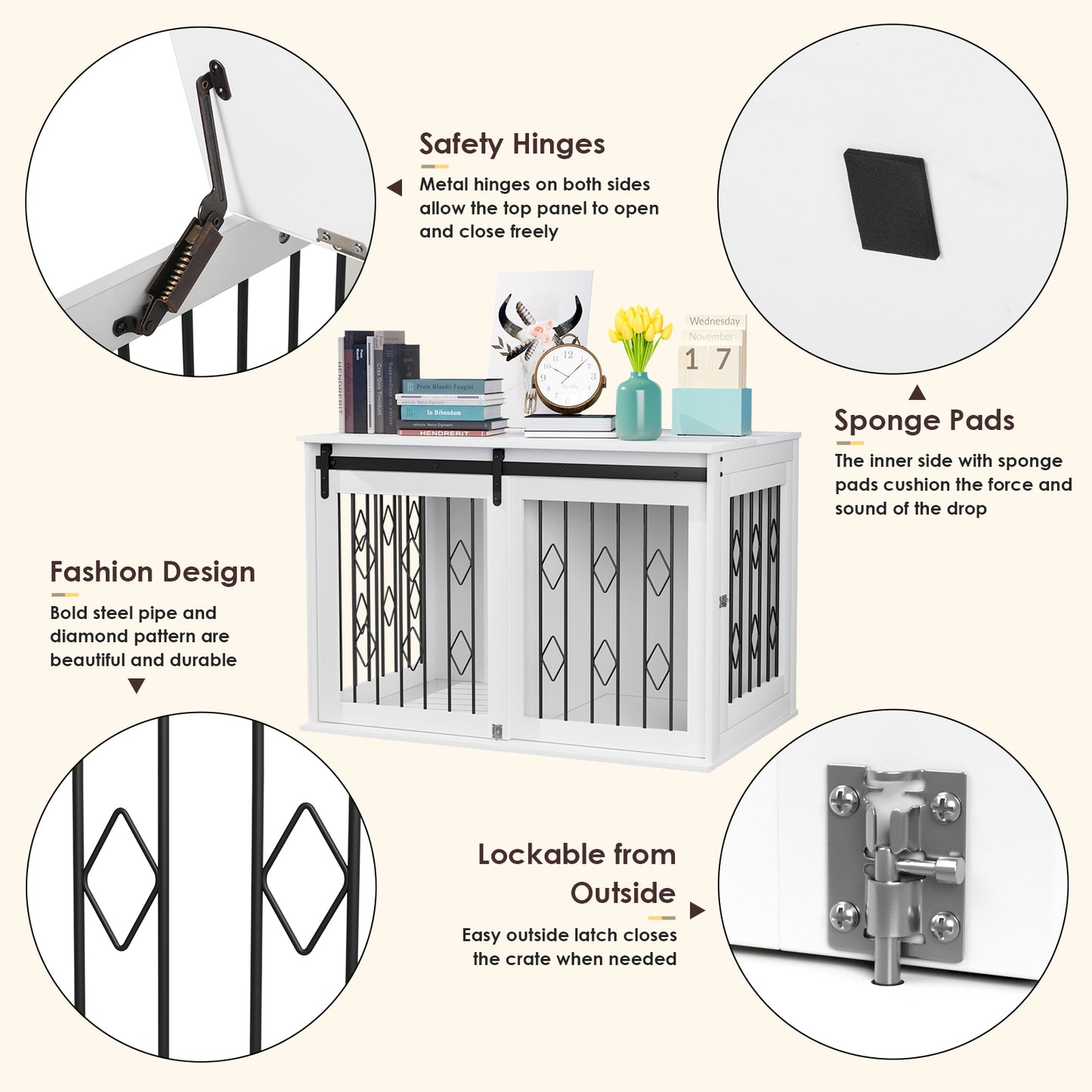 LAZY BUDDY 39.4" Dog Crate Furniture, Wooden Dog Kennel w/Sliding Door, Detachable Divider, and Flip-up Top