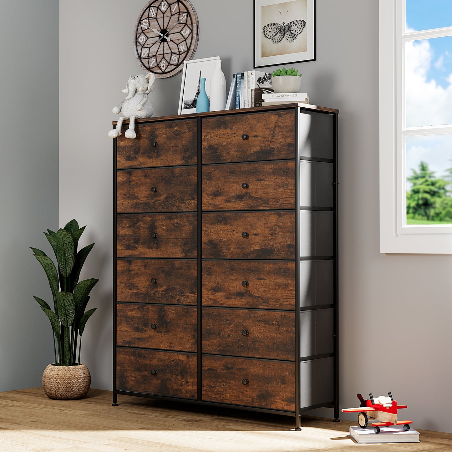 LAZY BUDDY 12-drawer Dresser, Fabric Storage Organizer Unit, 6-layer Tall Chest Dresser, 52"H