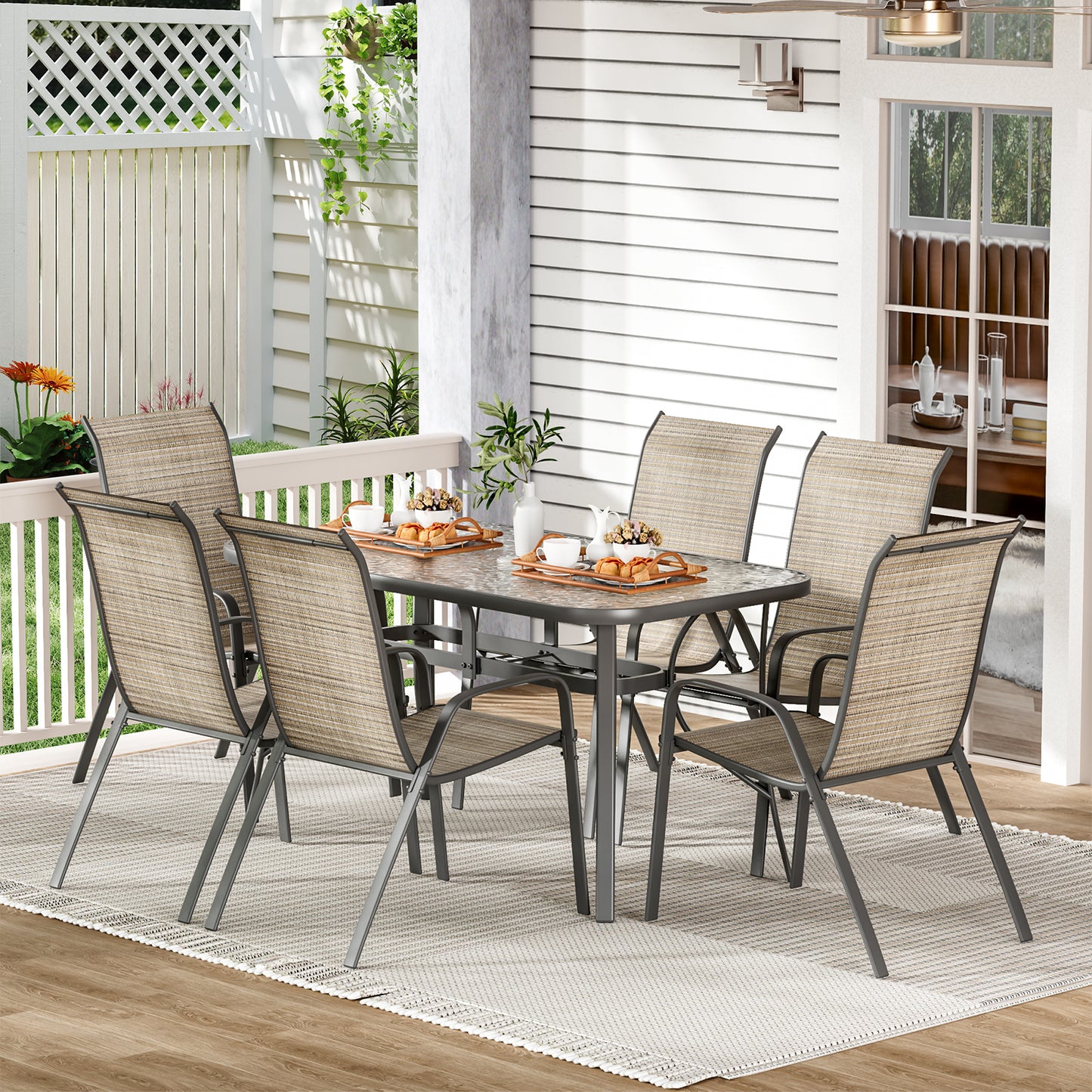LAZY BUDDY Patio Dining Set of 7 with Umbrella Hole, Outdoor Furniture Table and 6 Textilene Chairs for Lawn, Backyard, Deck, 330LBS