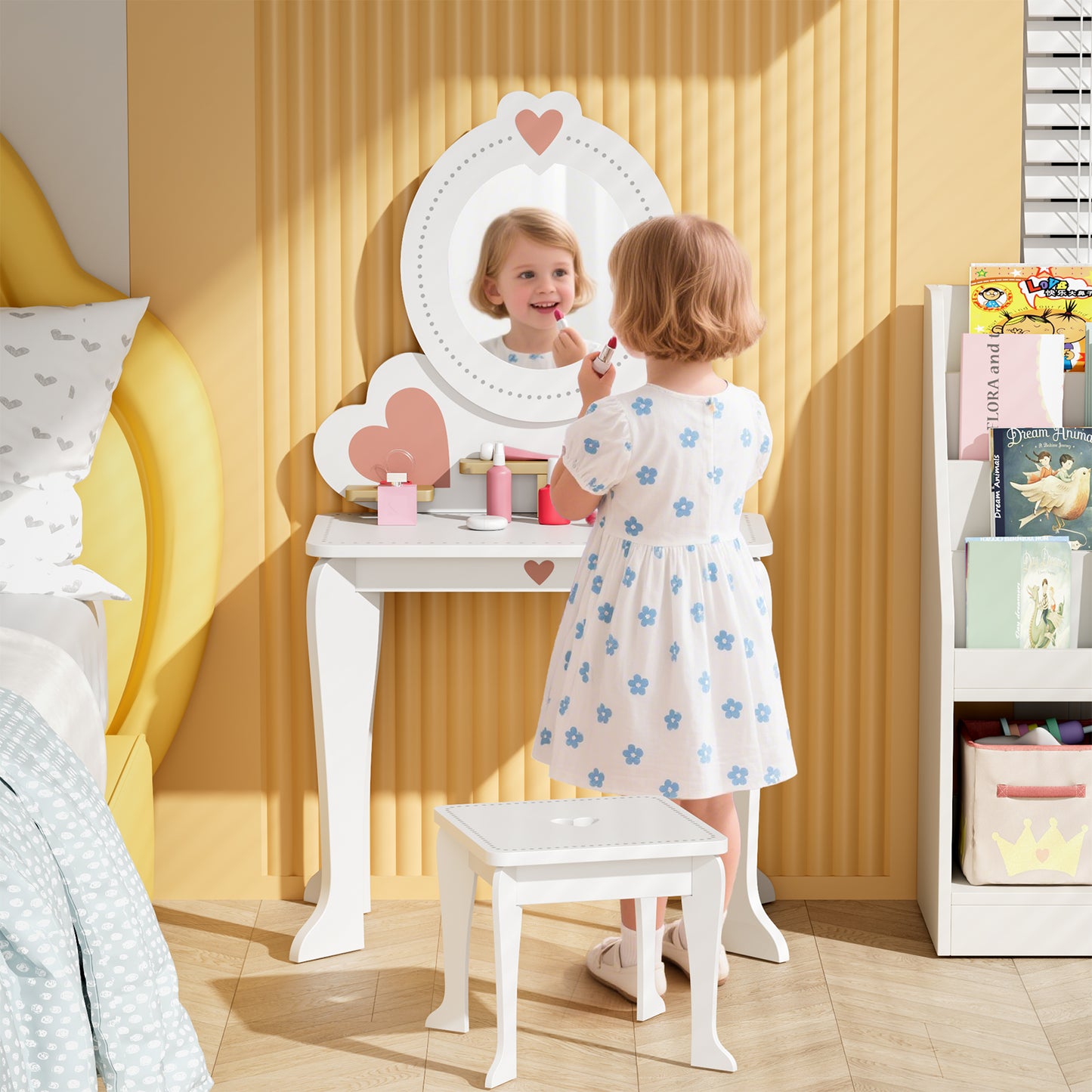 LAZY BUDDY Kids Vanity Set, Wooden Vanity Table and Chair with Mirror, Including 8pcs Pretend Play Makeup Accessories, Princess Dressing Makeup Table for Girls 3+