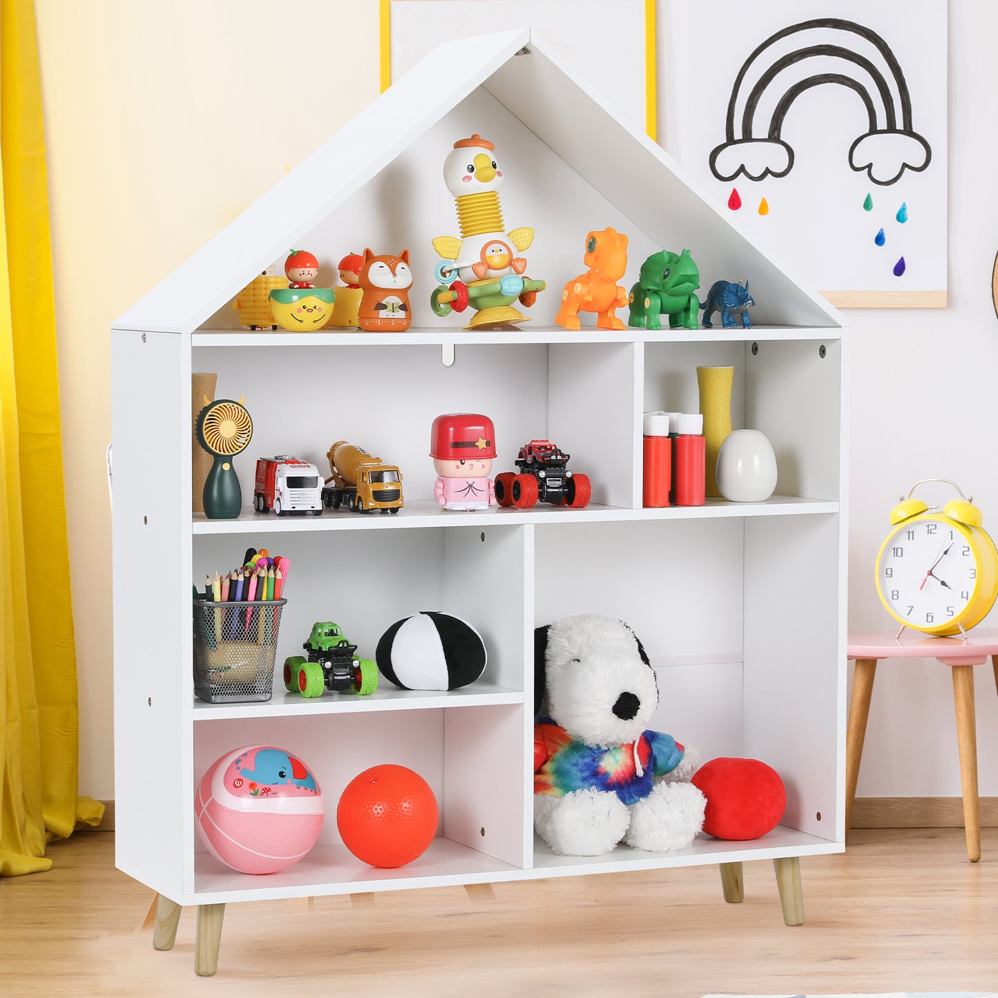 LAZY BUDDY Kid's Bookcase, 4-Tier Wooden Children's Dollhouse Bookshelf with 6 Compartments and Legs for Playing Room, Nursery - White