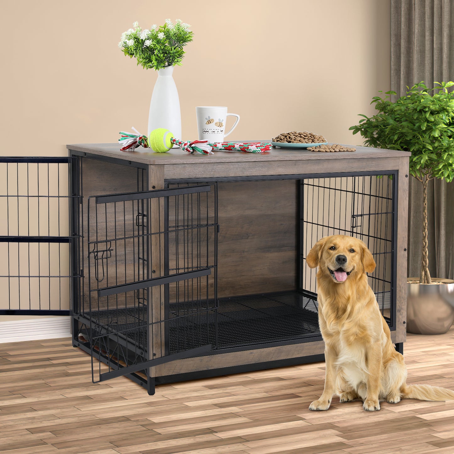 LAZY BUDDY Dog Crate Furniture, 44.1" Wooden Dog Kennel, Double Doors Modern Side End Table for Medium/Large/Small Dog, Griege