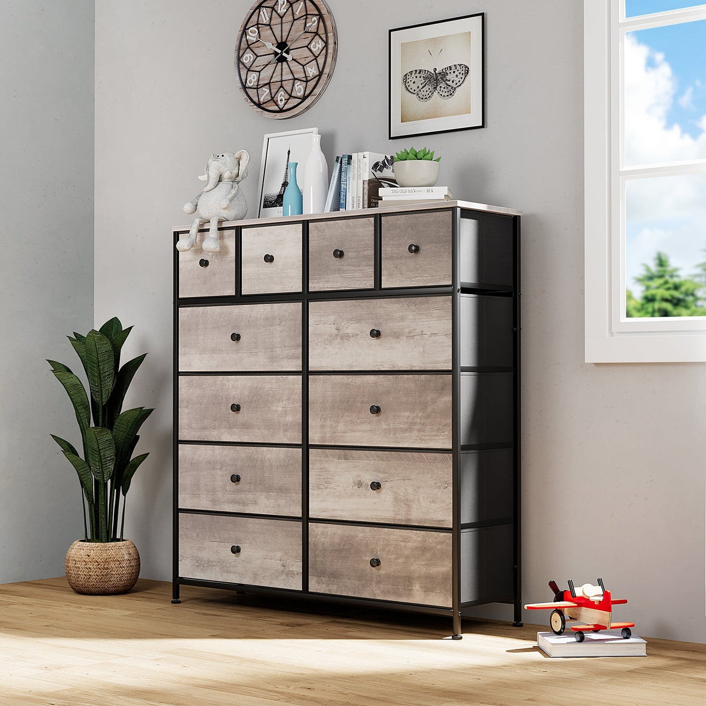 LAZY BUDDY Tall Dresser for Bedroom with 12 Drawers, Chest of Drawers Fabric Storage Tower, Organizer Unit for Living Room, Hallway, Closet, Gray