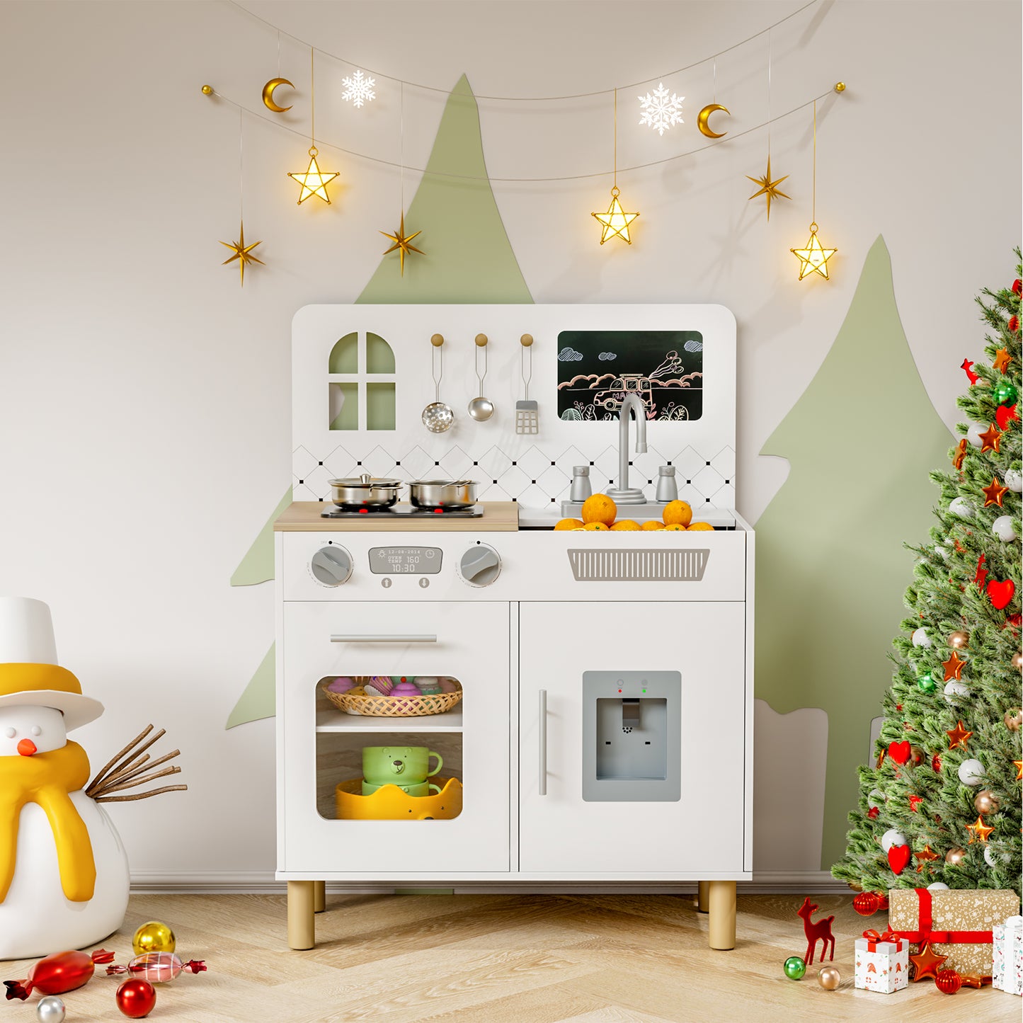 LAZY BUDDY Pretend Play Wooden Kids Kitchen Set, Toddler Toy Kitchen Playset with Graffiti Blackboard, Oven, Sink & Clicking Knobs