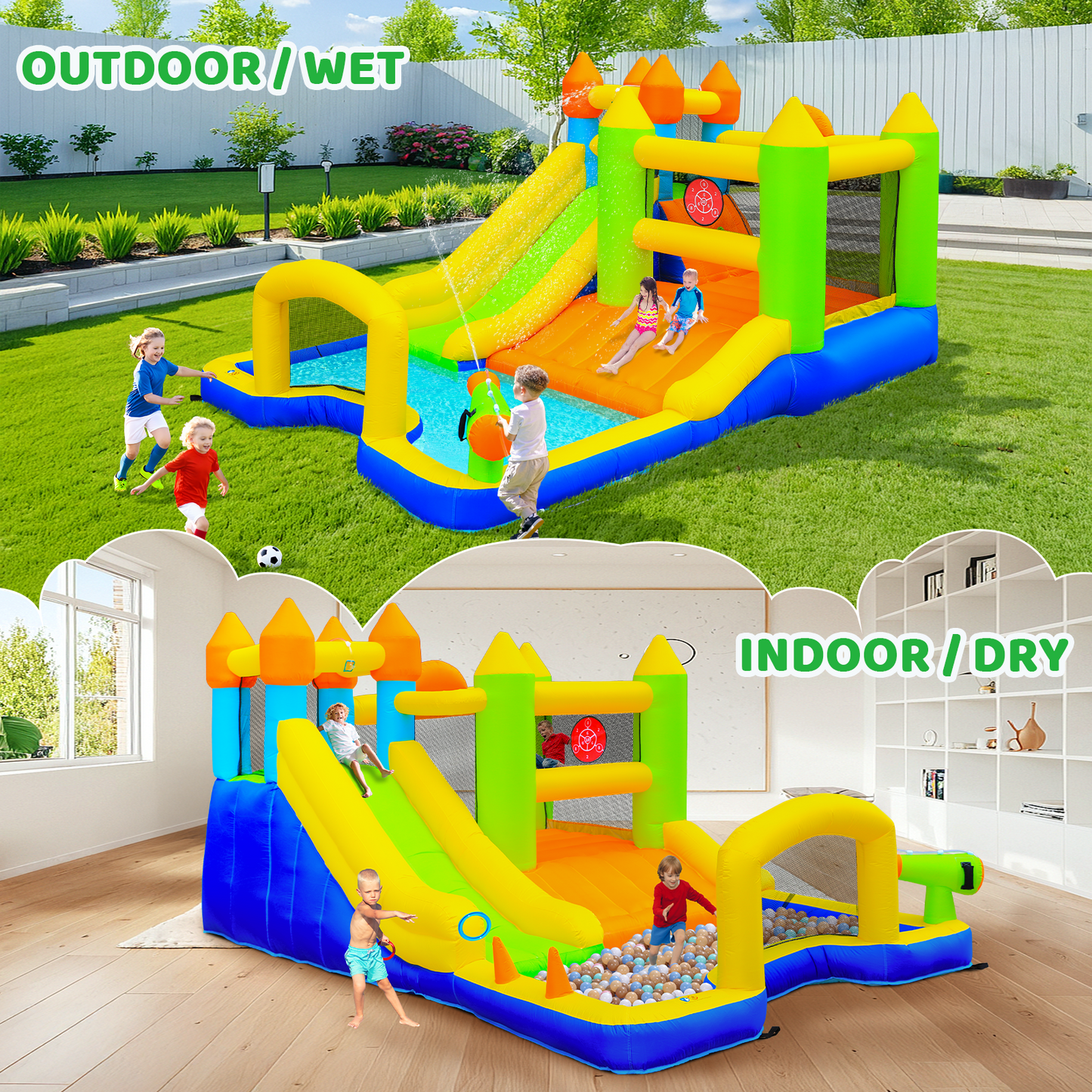 LAZY BUDDY Inflatable Water Slide Kids Bounce House with Splash Pool, Water Cannon, Climbing Wall, Blower & Basketball for Children Indoor / Outdoor Play