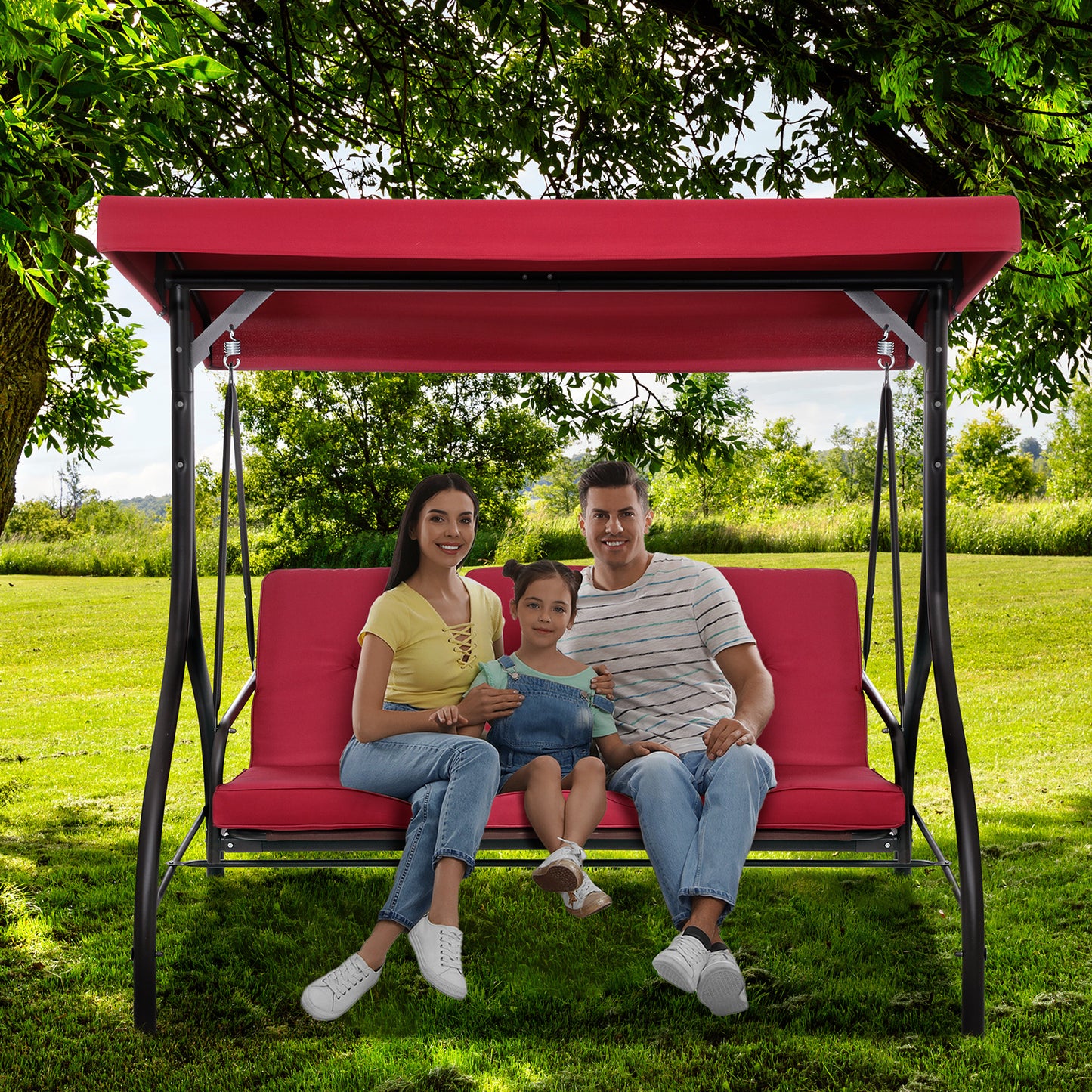 LAZY BUDDY Patio Swing Chair 3-Seat Converting Swing Glider Hammock for Garden, Backyard, Black, Burgundy