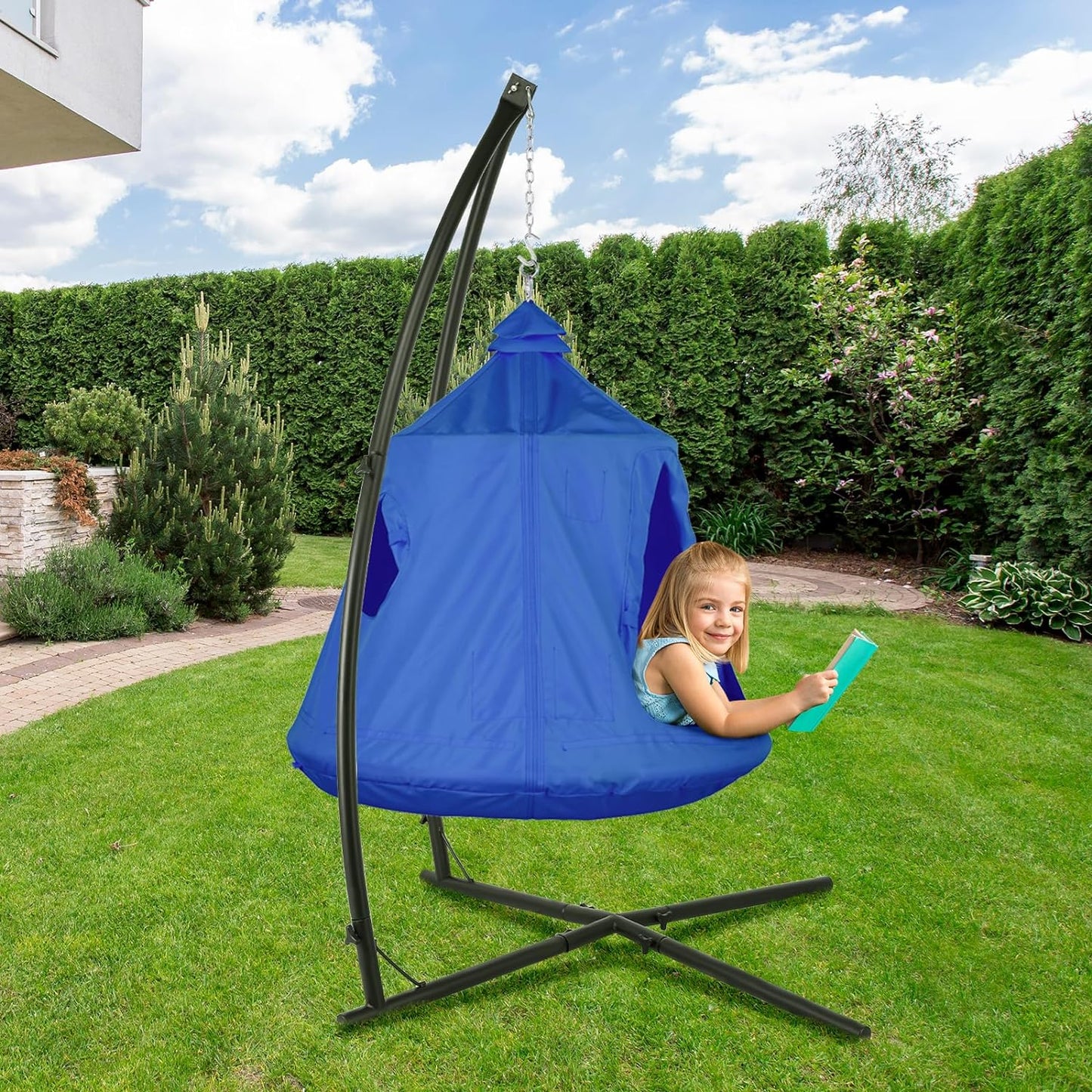 LAZY BUDDY Hanging Tree Tent with Metal Stand, Hanging Hammock X-Stand w/ Swing Tent, Steel Frame, LED Lights, Max 330lb(Blue)