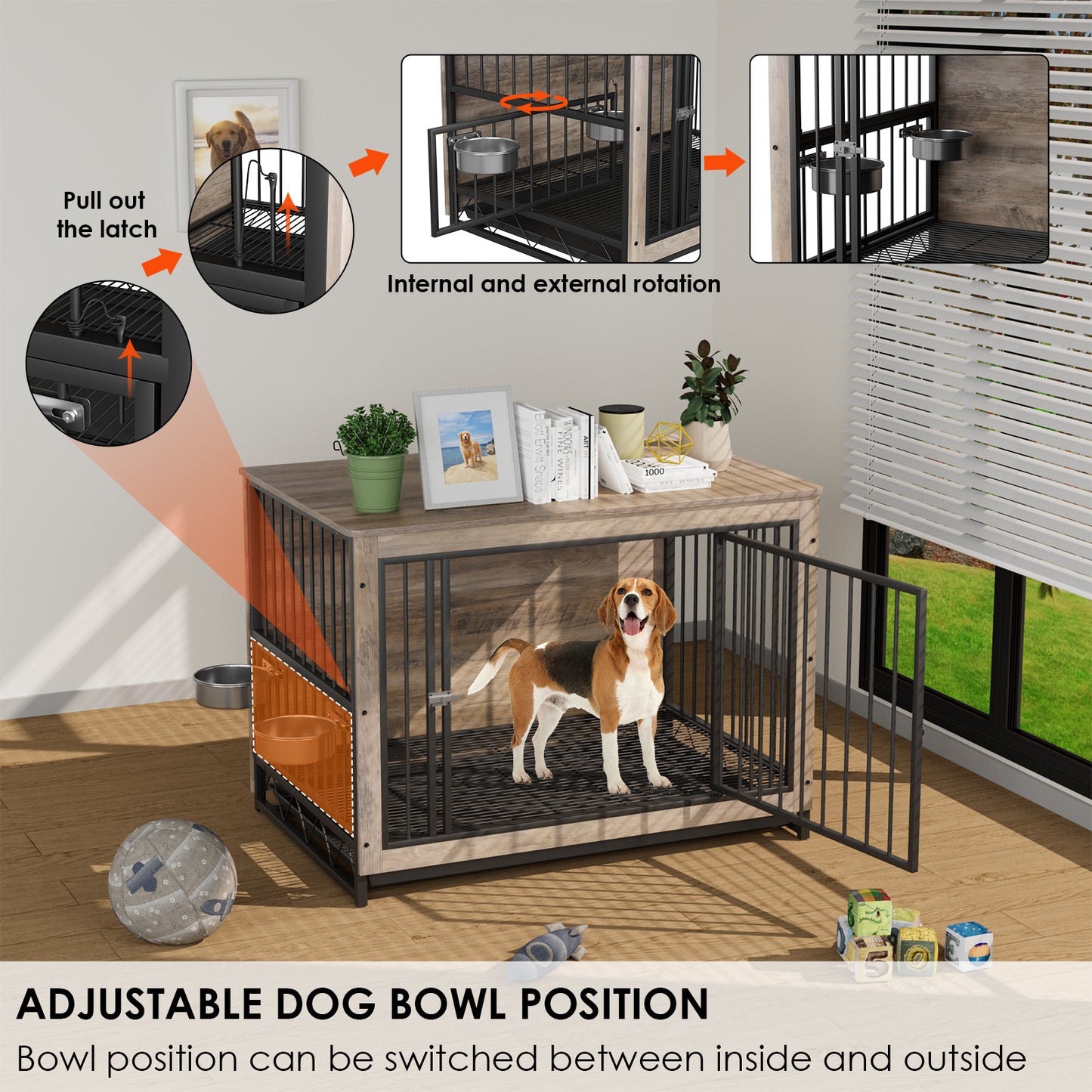 LAZY BUDDY Dog Crate, Wooden End Table Dog House with Bowls and Pull-Out Tray, Greige