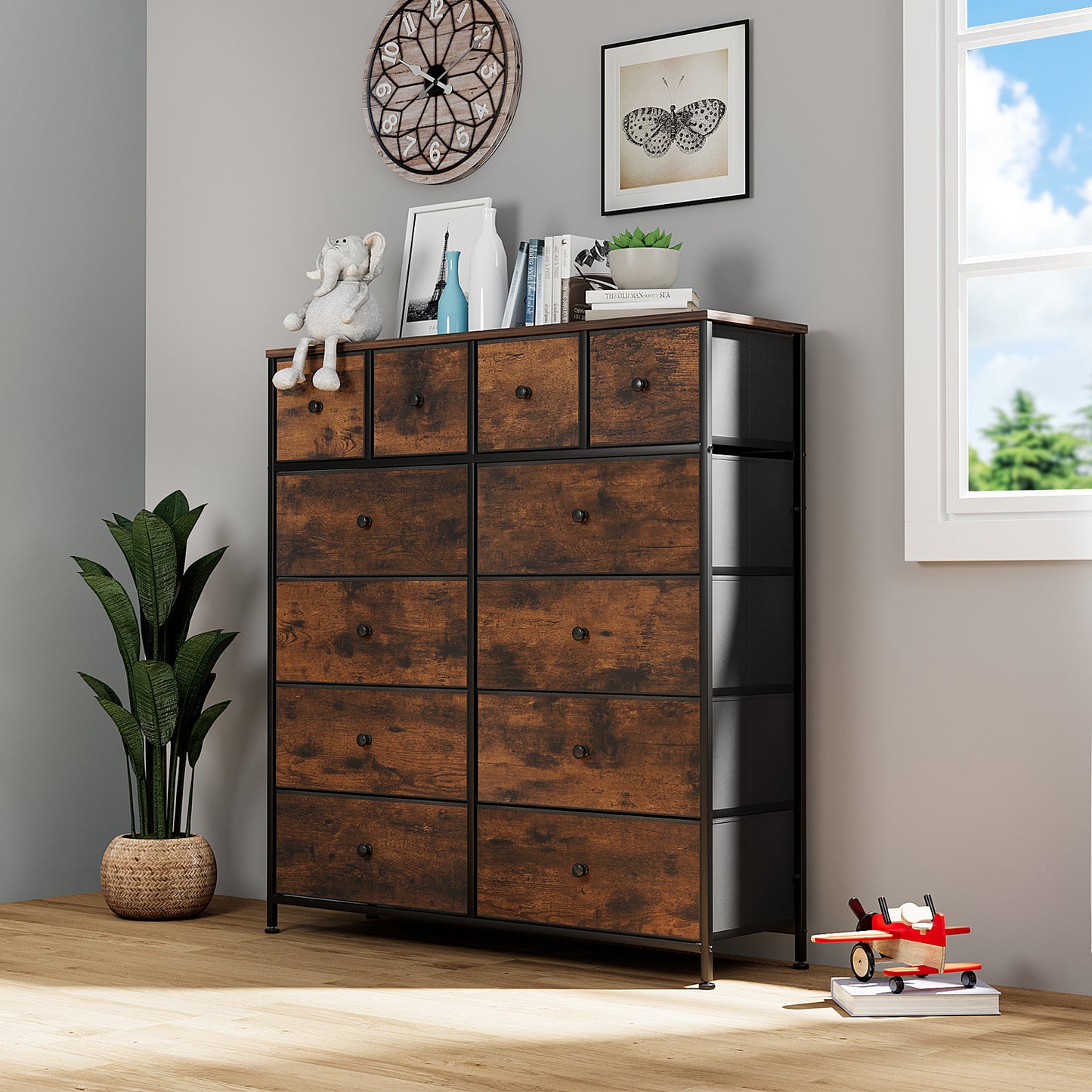 LAZY BUDDY Drawer Dresser, Fabric Storage Tower, 6-layer Tall Chest Organizer Unit, Rustic Brown