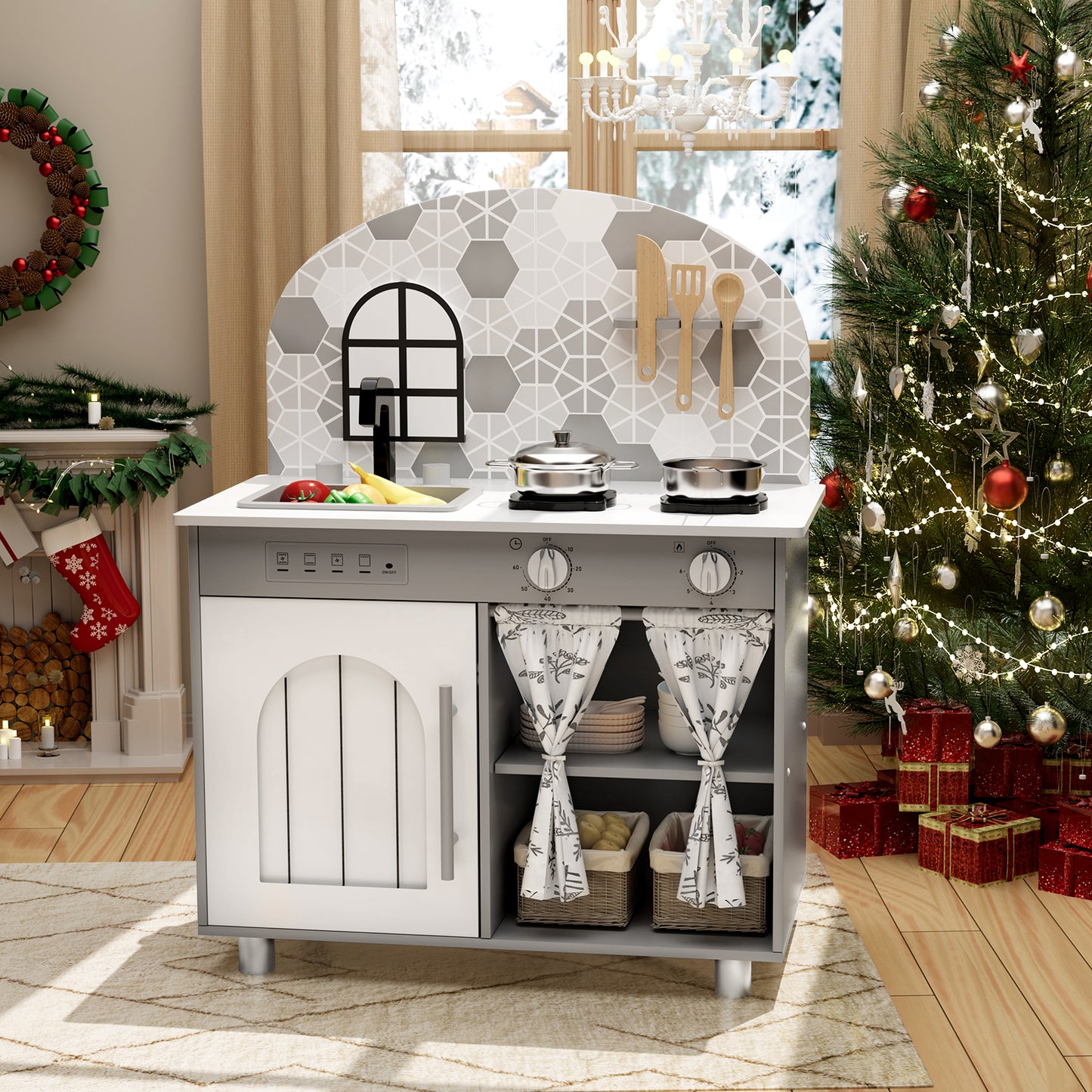 LAZY BUDDY Kids Kitchen Playset, Wooden Pretend Play Kitchen Toddler Interactive Toy with 5 Accessories