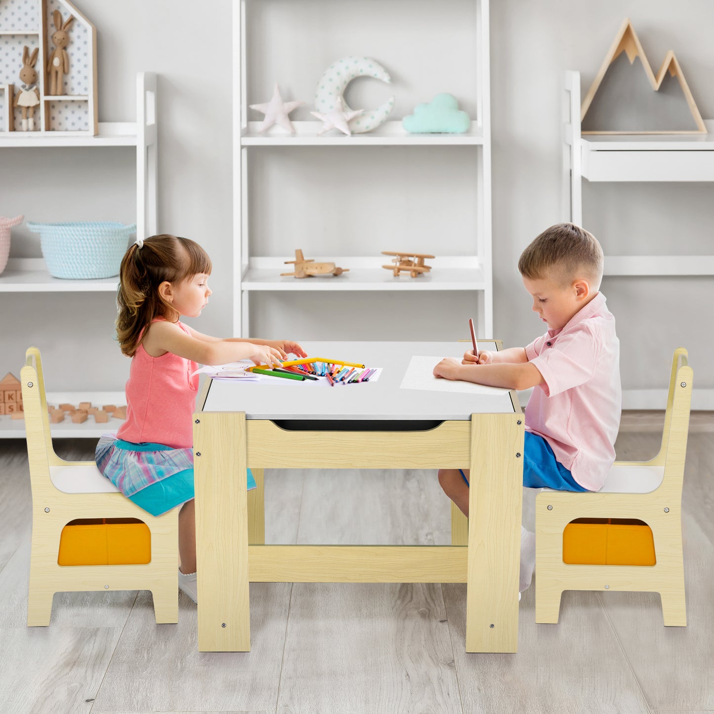 LAZY BUDDY Kids Table and 2 Chairs Set, 3-in-1 Toddler Wood Activity Play Table with Detachable Storage Drawer, for Children 2-8 Years