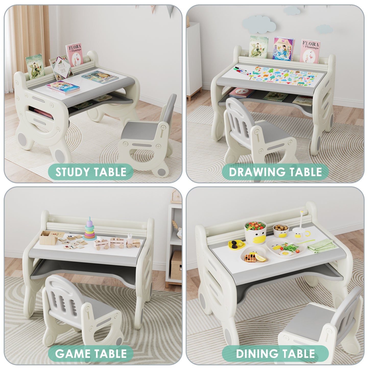 LAZY BUDDY Kids Table and Chair Set, Plastic Activity Table w/Erasable Tabletop, Toddler Draw & Play Desk with Watercolor Pens, Blackboard Eraser & Storage Shelf for Drawing, Reading, Playing, Eating