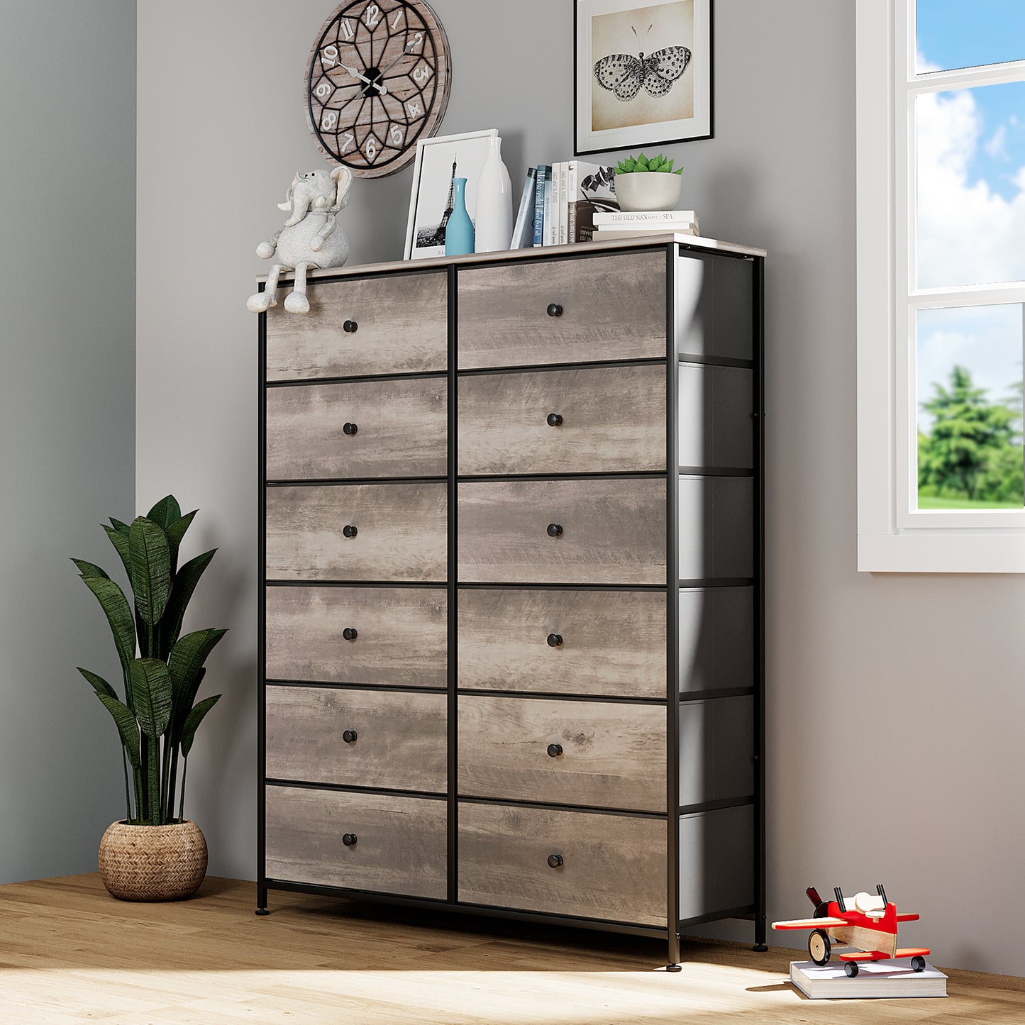 LAZY BUDDY Dresser for Bedroom, 12-drawer Fabric Dresser with Steel Frame & Wooden Top