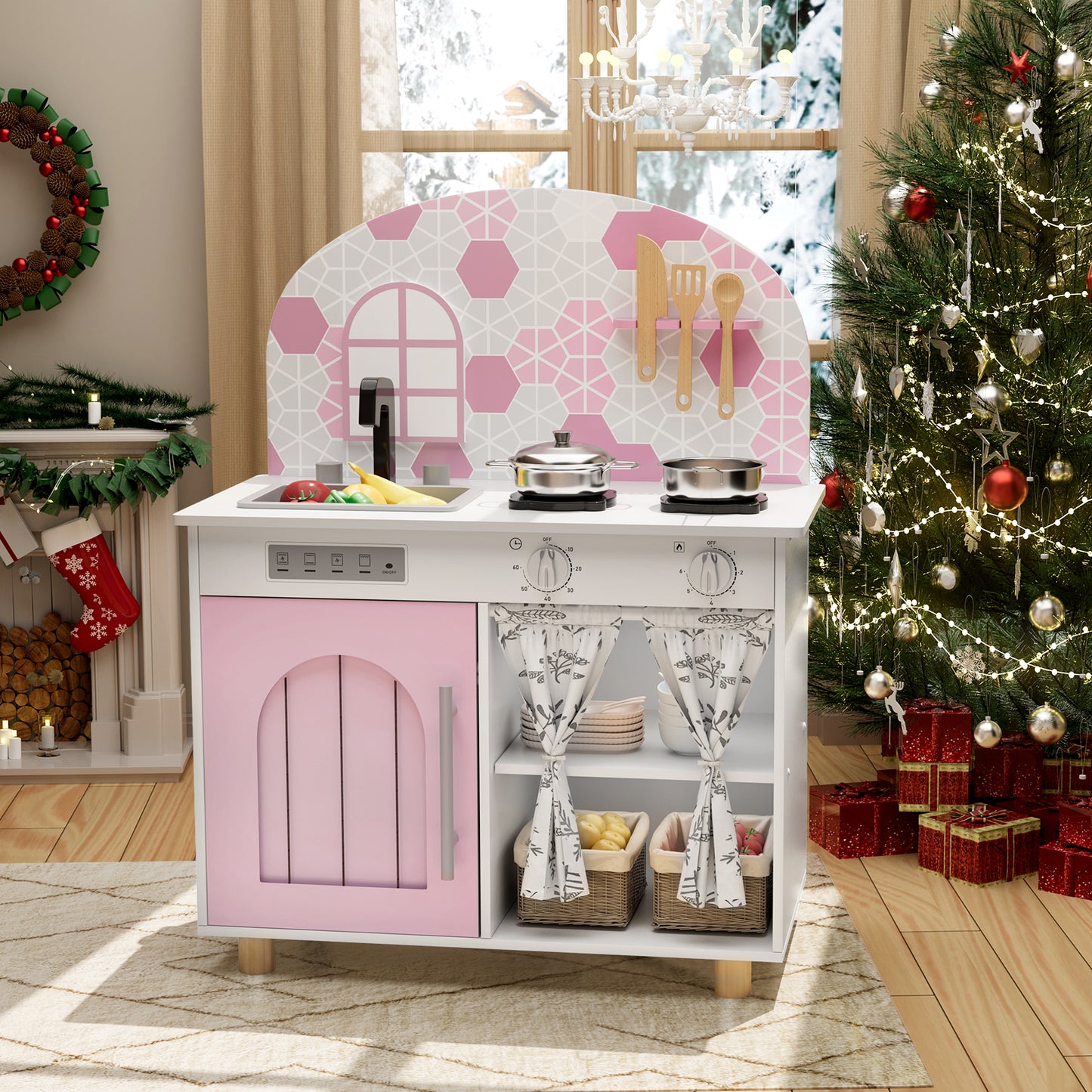 LAZY BUDDY Kids Kitchen Playset, Wooden Pretend Play Kitchen Toddler Interactive Toy with 5 Accessories