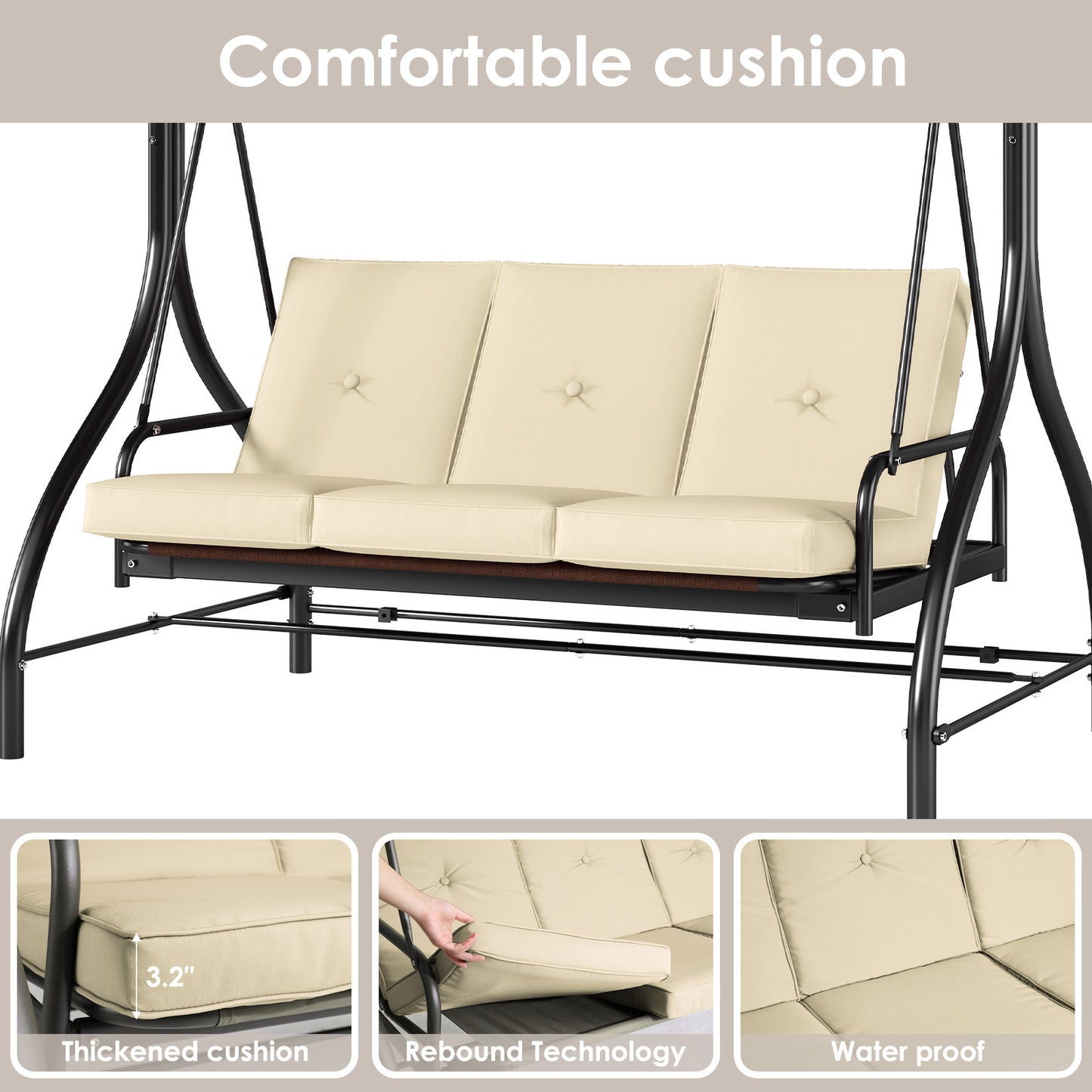 LAZY BUDDY Patio Swing Chair 3-Seat Converting Swing Glider Hammock for Garden, Backyard, Black, Burgundy