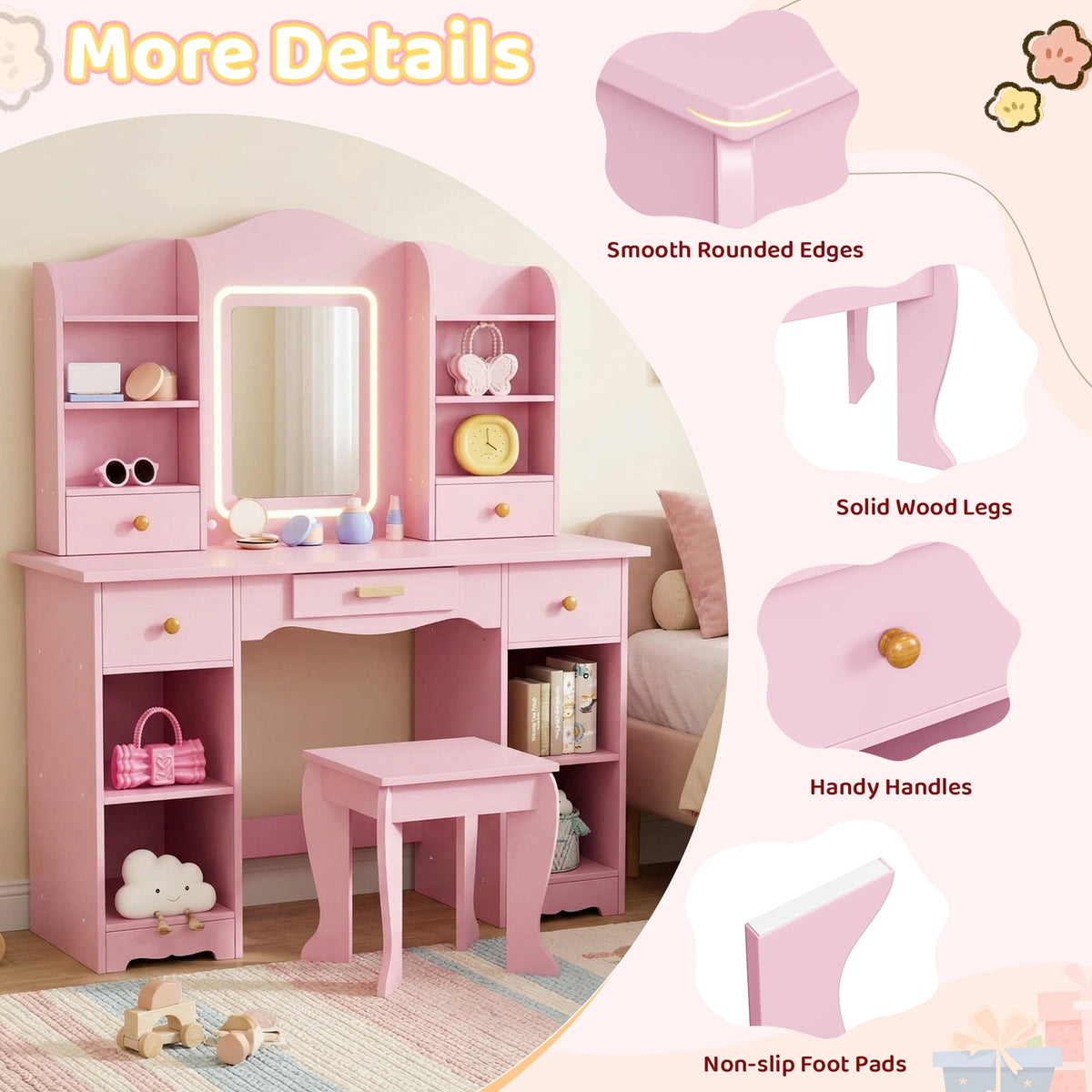 LAZY BUDDY Wooden Kids Vanity Table with Lights, Mirror and Stool, 2 in 1 Toddler Pretend Play Dressing Table with Drawers & Open Shelves for Little Girls