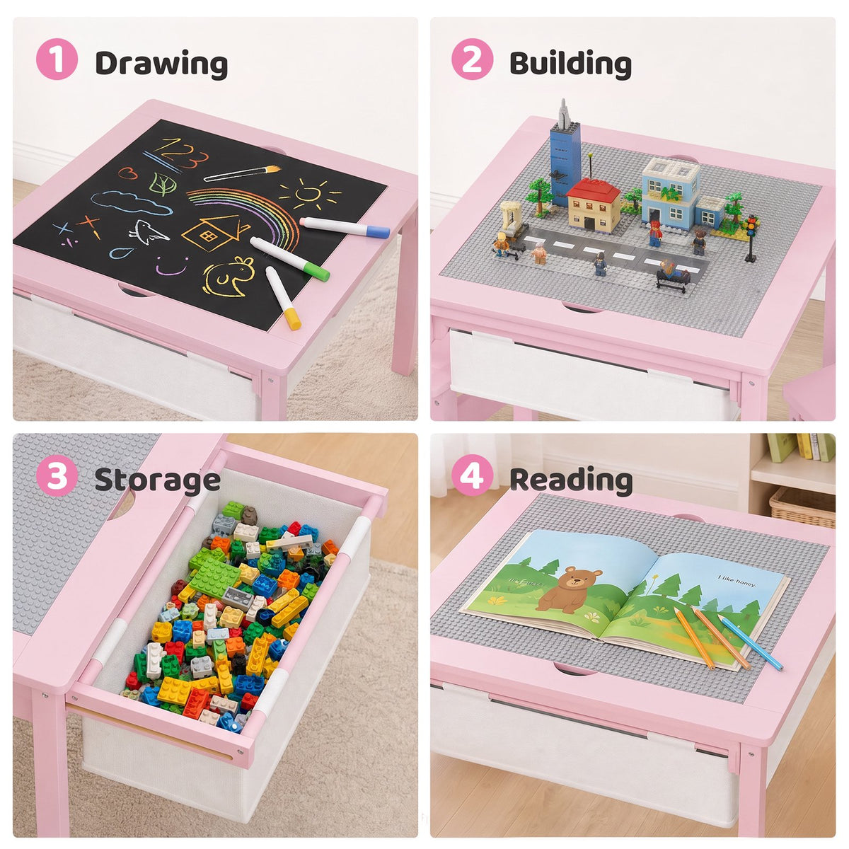 LAZY BUDDY Wooden Toddler Table and Chairs Set, Kids Play Activity Table Set with Reversible Tabletop & 2 Storage Drawers, for Drawing Reading Dining