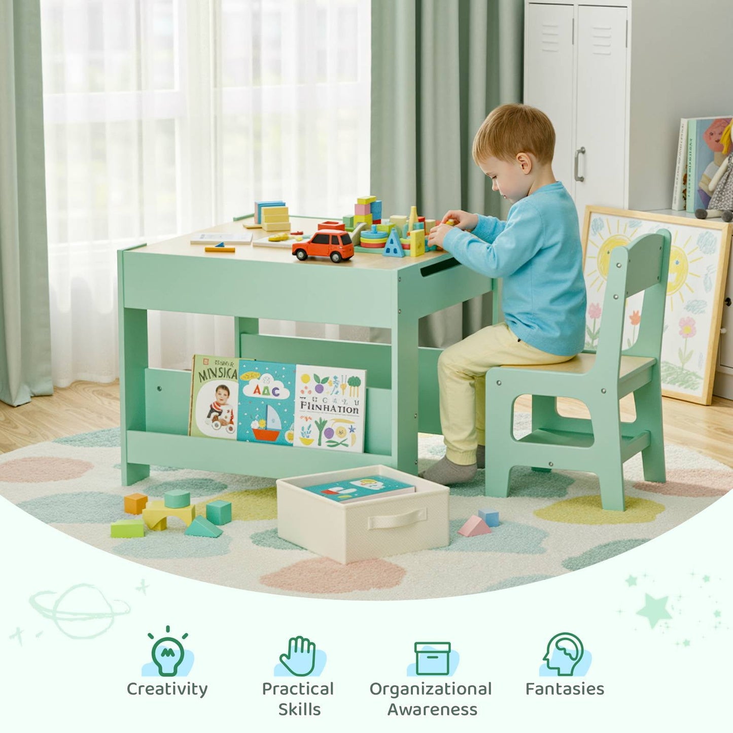 LAZY BUDDY Kids Table and Chairs Set, Toddler Desk with Storage Drawer, Wooden Activity Table Set with Detachable Tabletop, Bookshelf for Classroom/Home/Nursery
