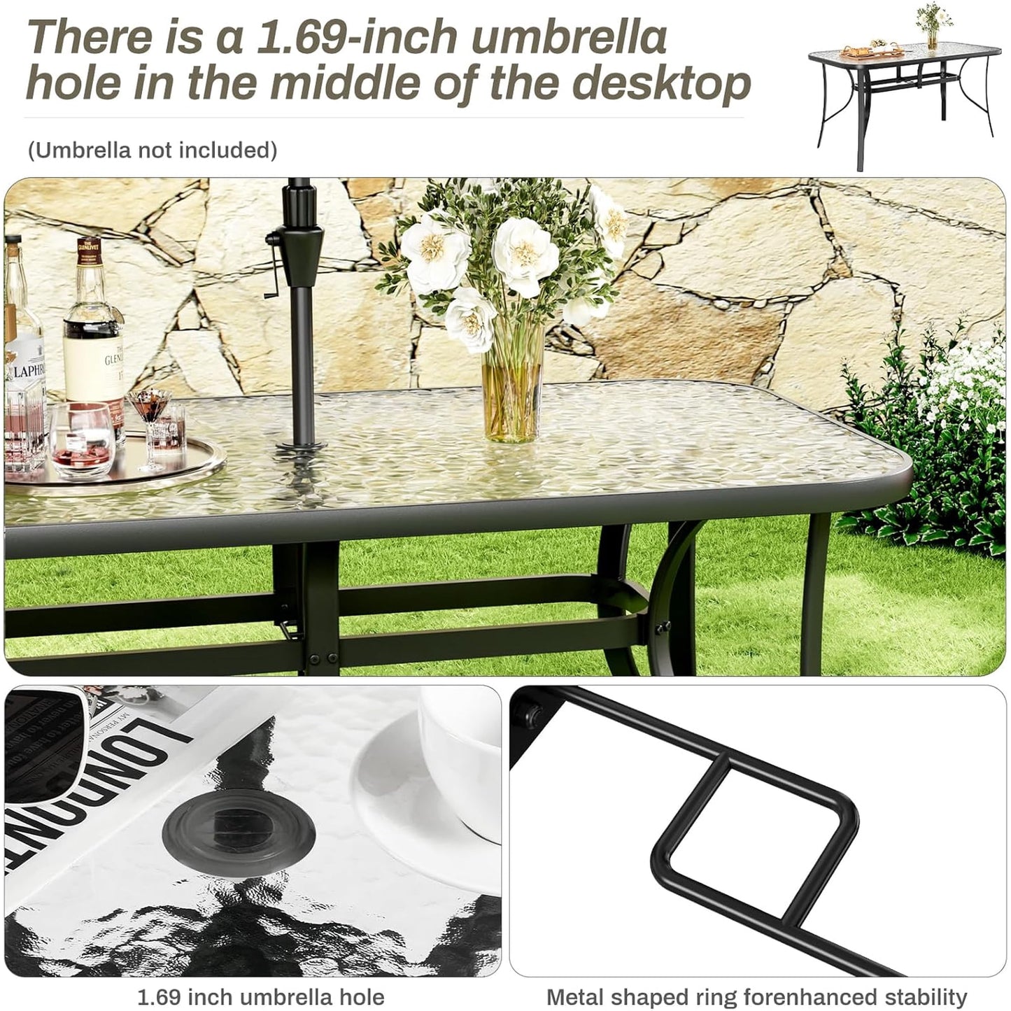 LAZY BUDDY Patio Table with 1.69'' Umbrella Hole, Rectangular Outdoor Dining Table with Tempered Glass Tabletop for 6, for Balcony Garden Deck