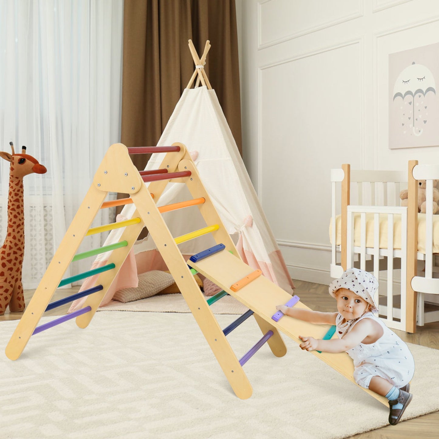 LAZY BUDDY Foldable Climbing Triangle with Ramp, Wooden Climber Ladder Indoor Outdoor Sliding Climbing Toy for Kids 2-7 Years