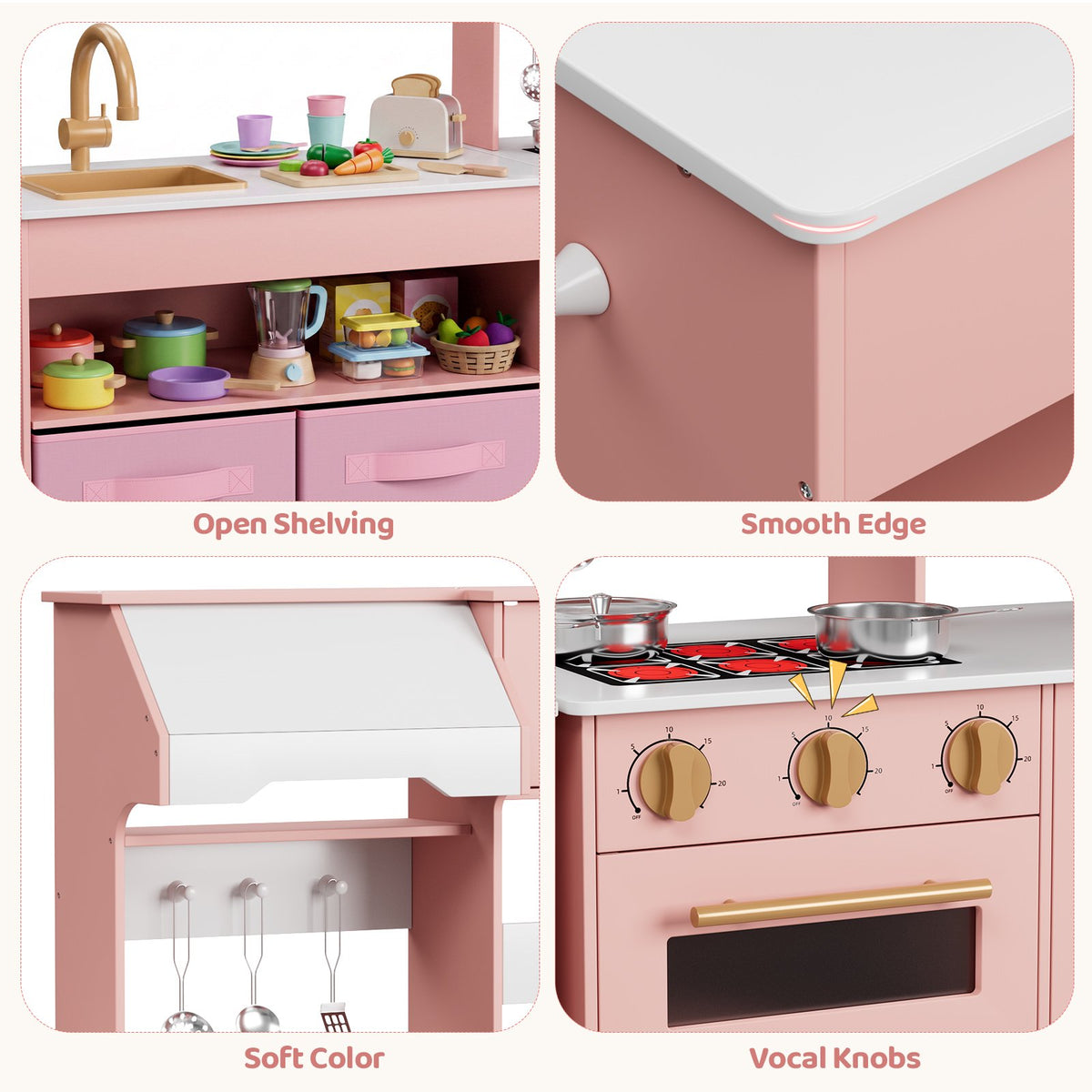 LAZY BUDDY Wooden Pretend Play Kitchen for Kids, 3-Piece Modular Kitchen Playset Toddler Interactive Toy Gift