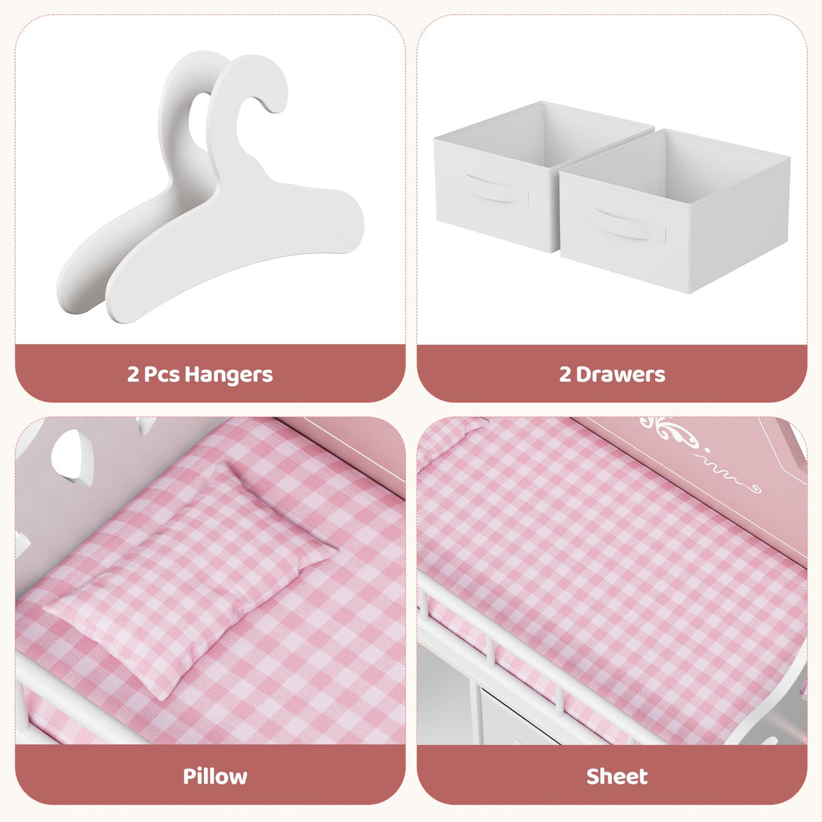LAZY BUDDY Baby Doll Cirb, Wooden Doll Bed with 2 Storage Drawers, 2 Hangers, Pillow & Sheet