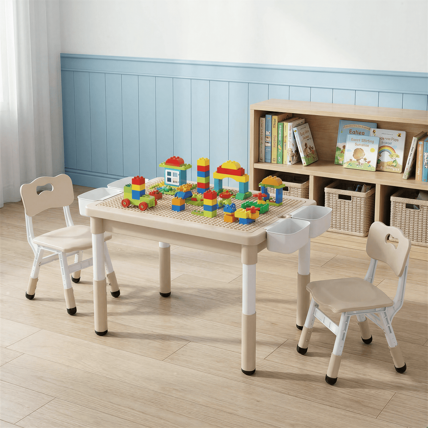 LAZY BUDDY Kids Table and Chairs Set with Storage Boxes, Height Adjustable Toddler Activity Table and 2 Chairs Set with Graffiti & Building Blocks Double-Sided Tabletop