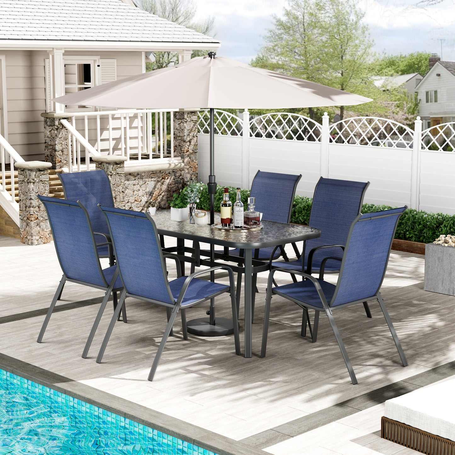 LAZY BUDDY Patio Dining Set of 7 with Umbrella Hole, Outdoor Furniture Table and 6 Textilene Chairs for Lawn, Backyard, Deck, 330LBS