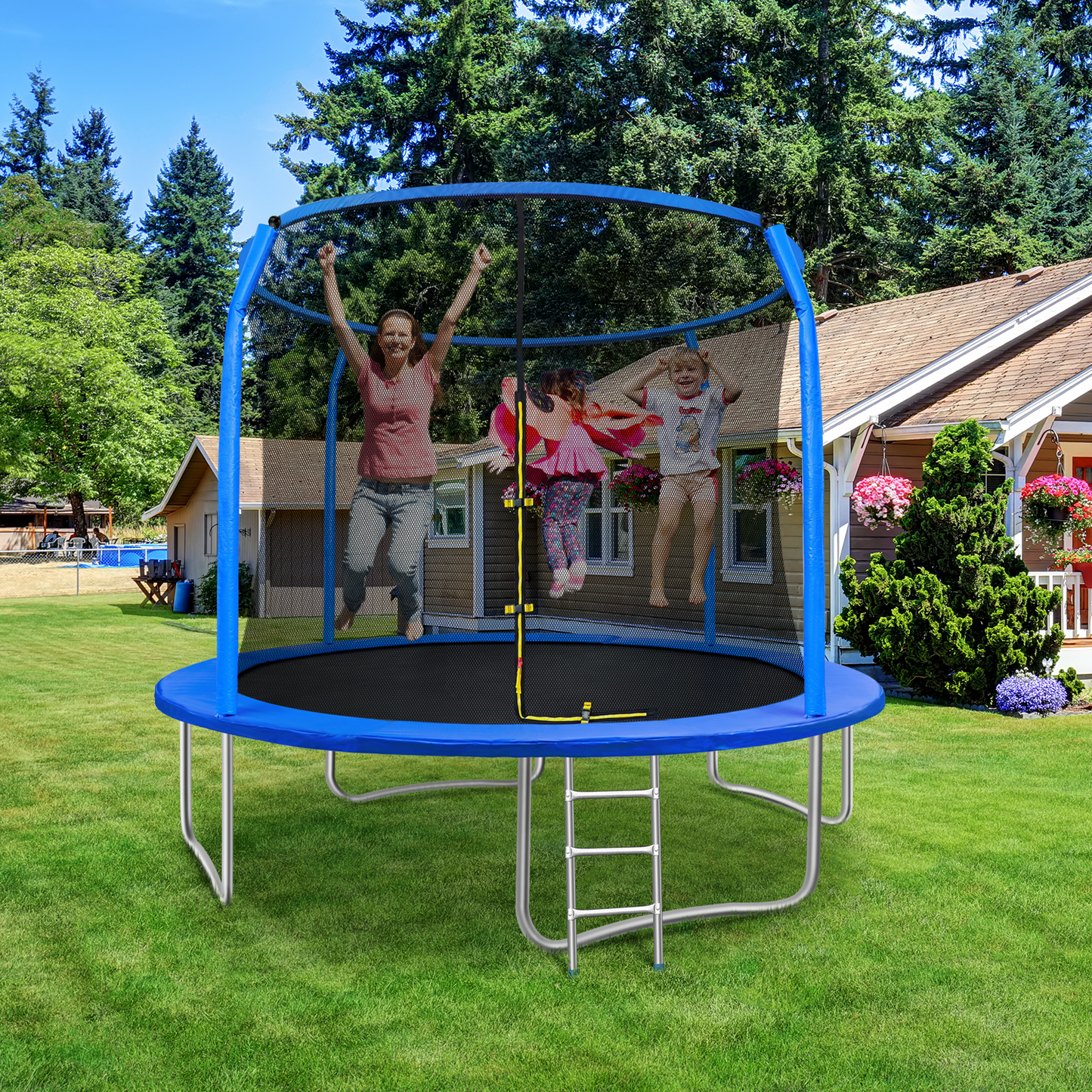 LAZY BUDDY 12FT Round Trampoline for Kids with Safety Enclosure Net & Ladder, Outdoor Trampoline Rebounder 330lbs Capacity