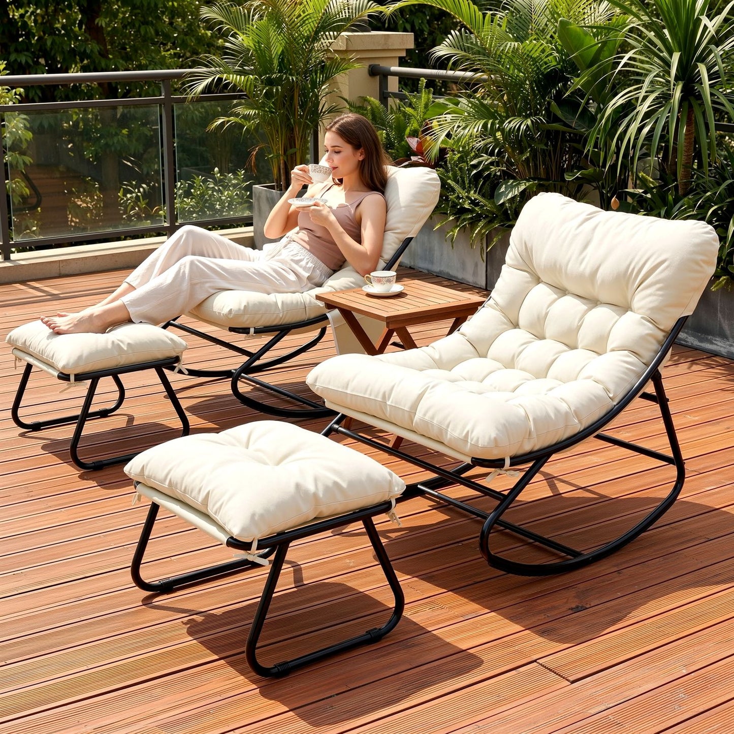LAZY BUDDY Large Papasan Rocking Chair with Ottoman, Patio Lounge Chair Rocker with 7.4'' Thick Cushion, for Indoor Outdoor Use