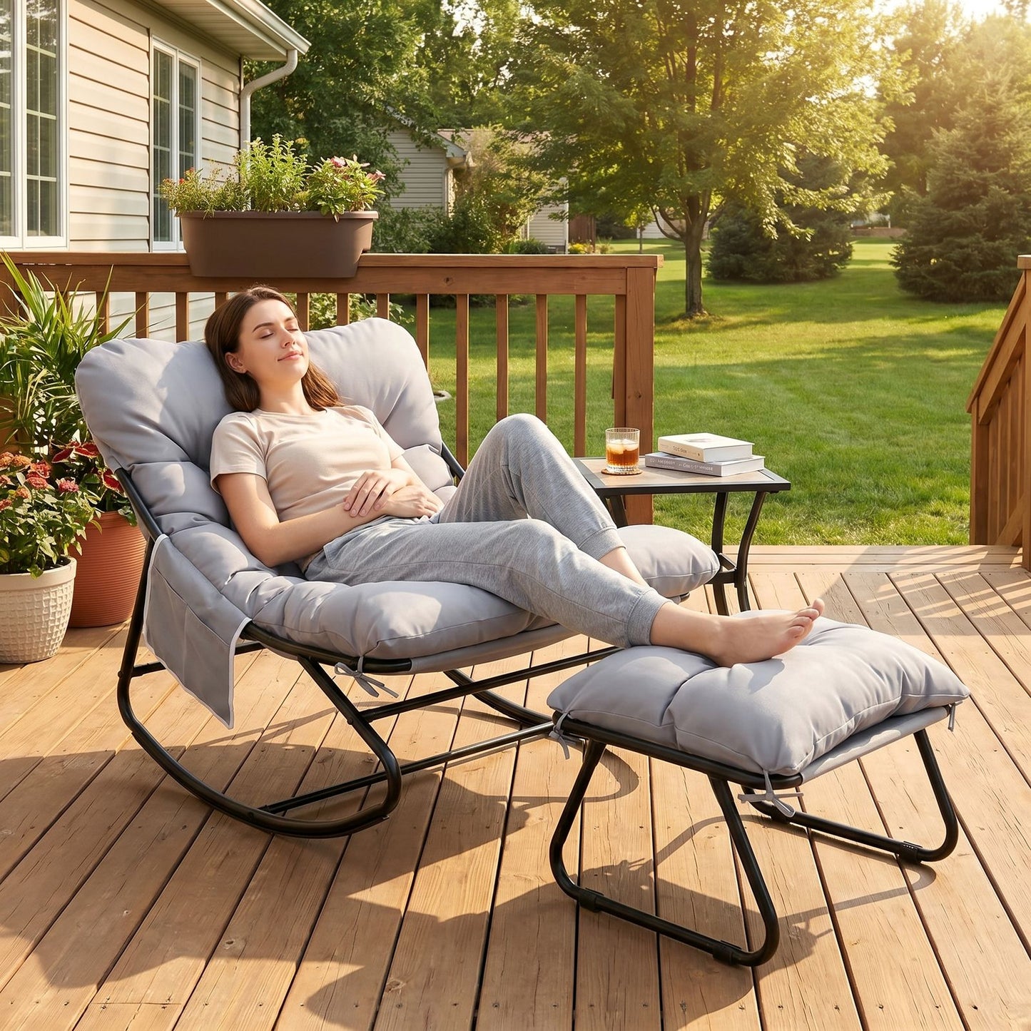 LAZY BUDDY Large Papasan Rocking Chair with Ottoman, Patio Lounge Chair Rocker with 7.4'' Thick Cushion, for Indoor Outdoor Use