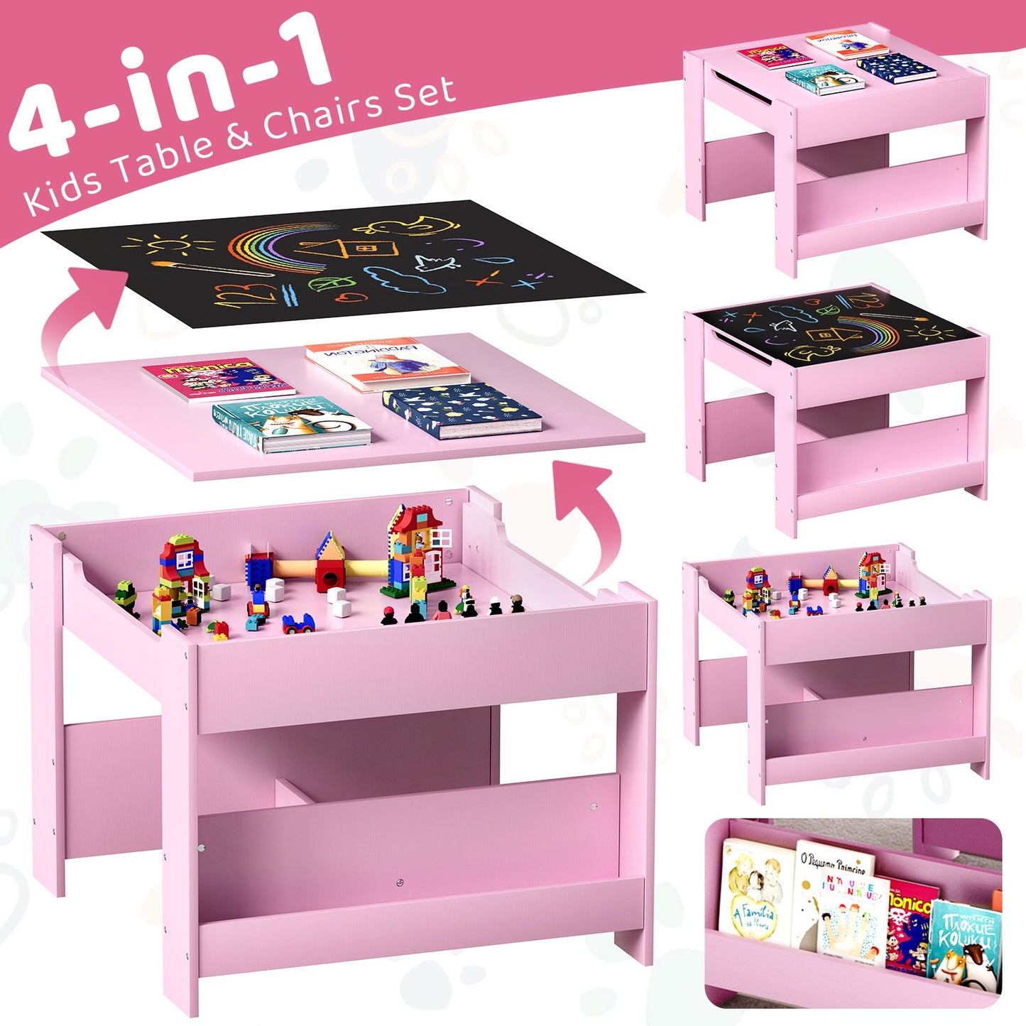 LAZY BUDDY Kids Table and Chairs Set, Toddler Desk with Storage Drawer, Wooden Activity Table Set with Detachable Tabletop, Bookshelf for Classroom/Home/Nursery