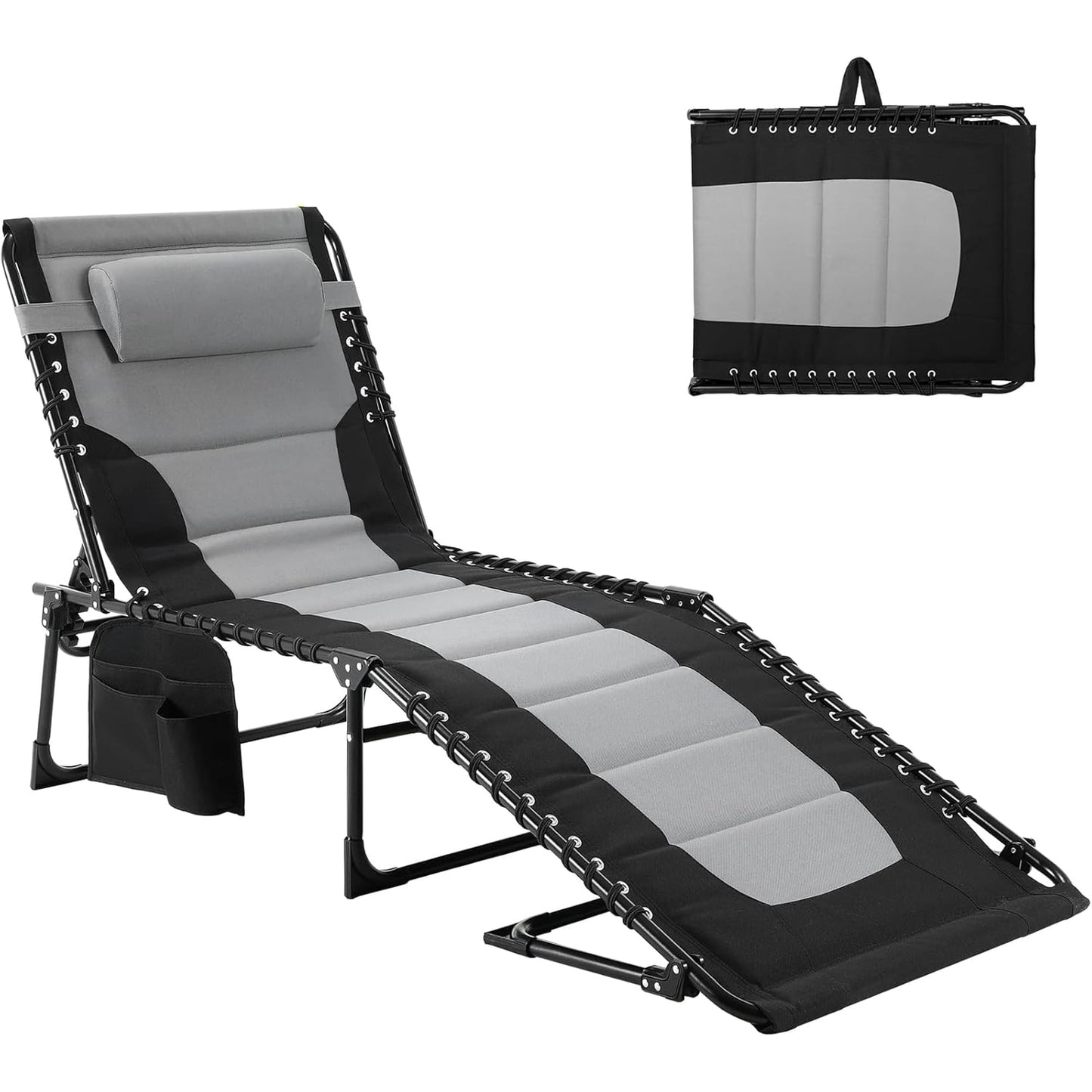 LAZY BUDDY Adjustable Padded Lounge Chair, Folding Chaise Lounger with Pillow & Side Pocket, Portable Reclining Chair with Carrying Handle for Outdoor Sunbathing, Patio, Beach, Poolside