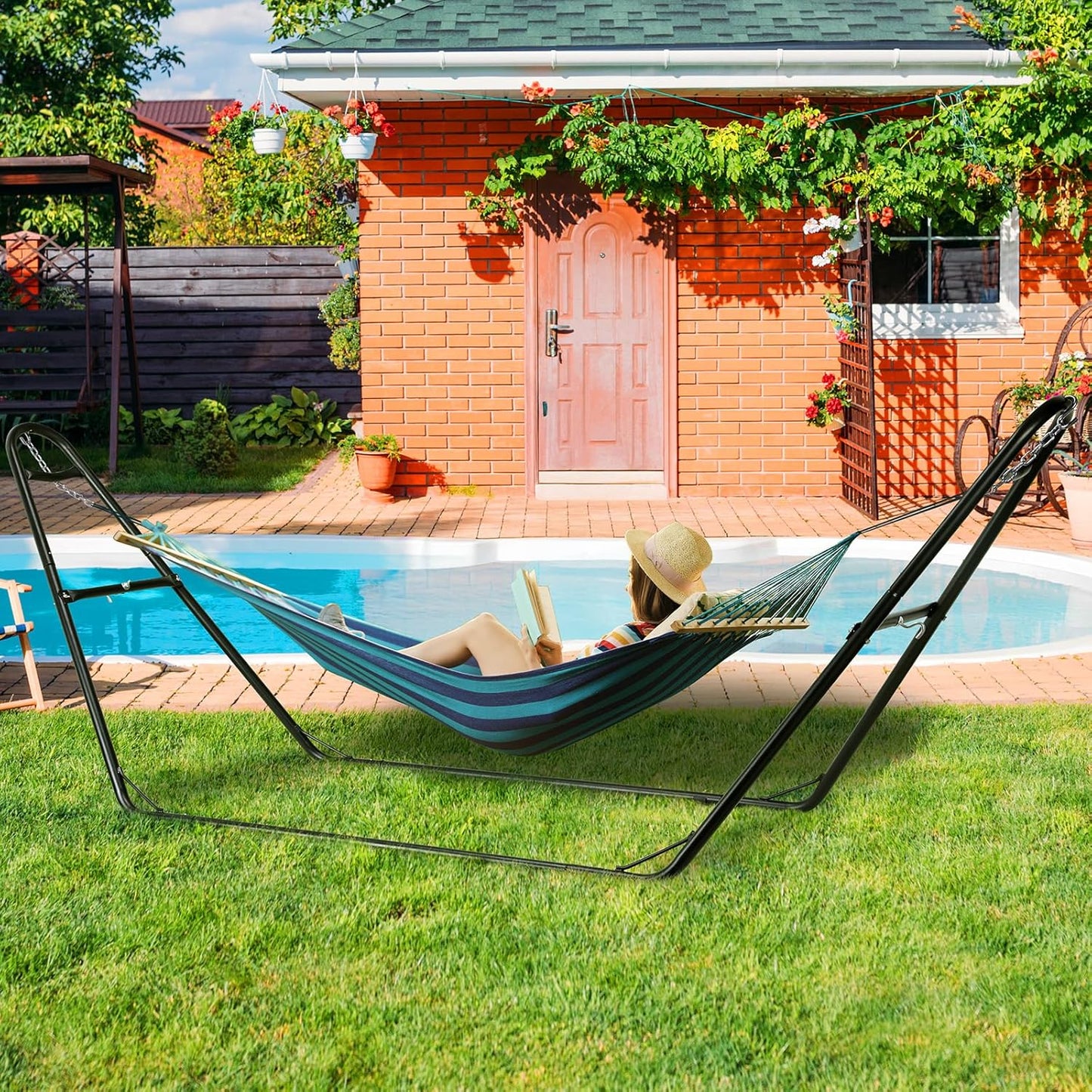 LAZY BUDDY Universal Hammock Stand for Outside, 550 LBS Capacity, Heavy Duty Double Steel Hammock Stand Only, Easy Assembly, Fits 9-14Ft Hammocks, Holding 2-3 People