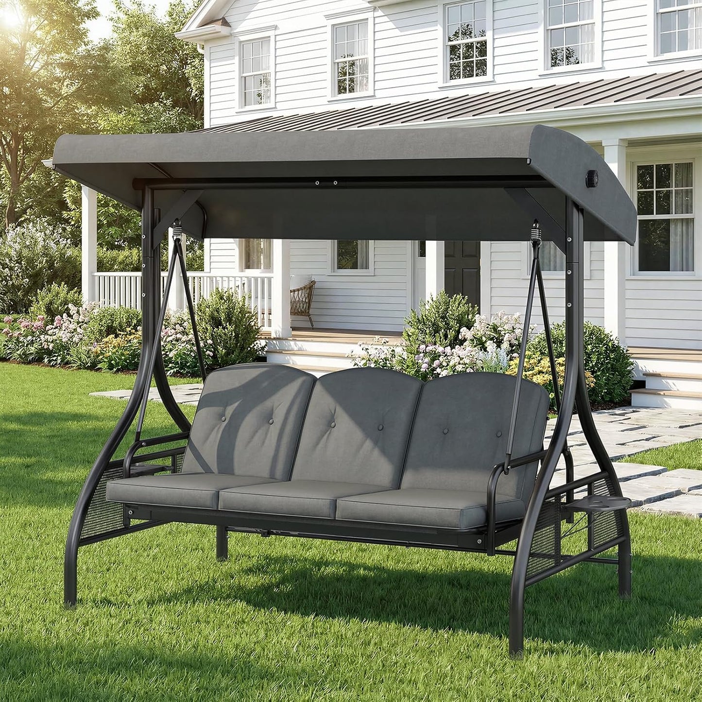 LAZY BUDDY Outdoor Porch Swing with Canopy and Stand, 3 Person Patio Swing for Adults, Convertible 2 in 1 Porch Swing Bed with Cup Holder, 750lbs