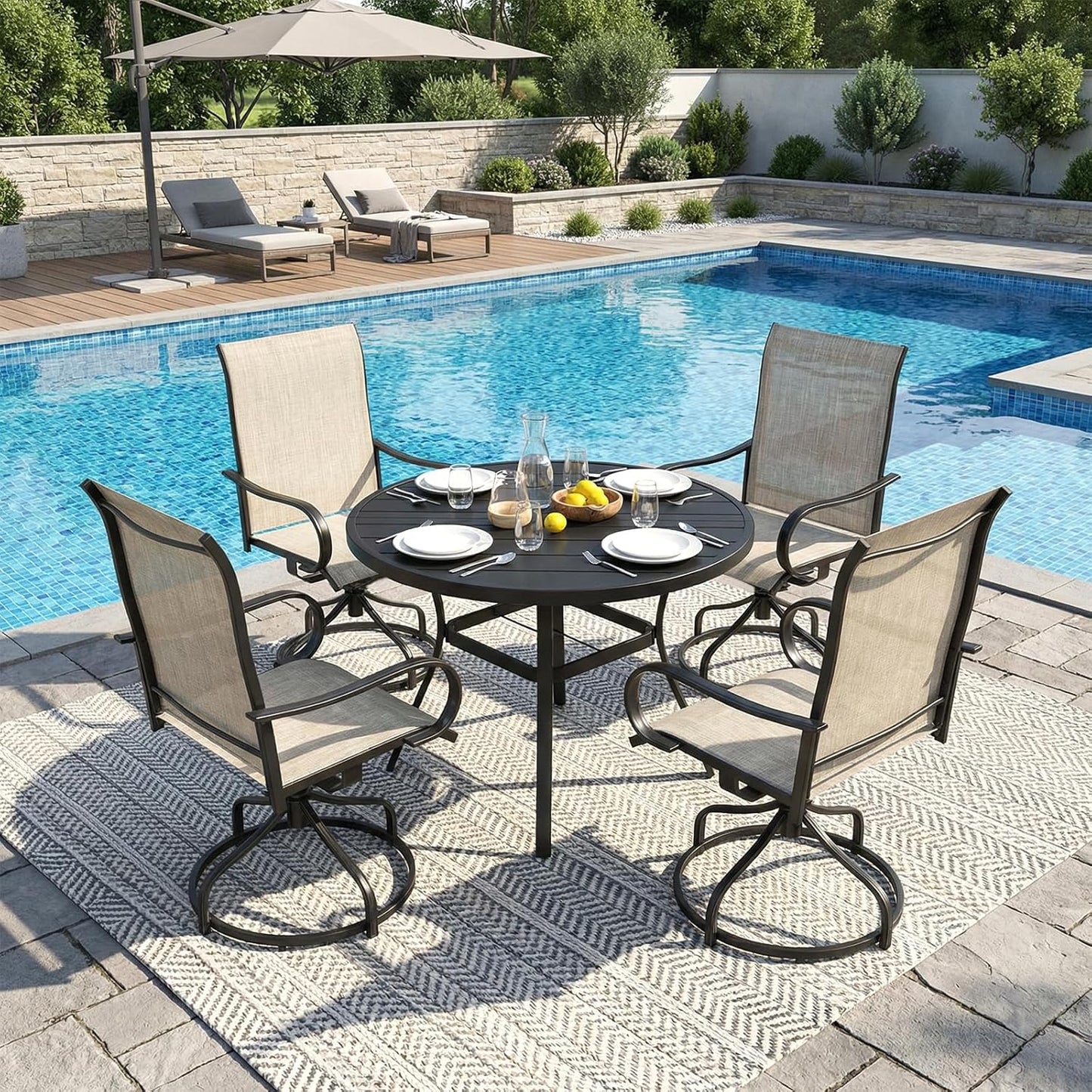 LAZY BUDDY Outdoor Dining Table for 4-6, E-Coating Metal Patio Dining Table with Umbrella Hole, All-Weather Table for Picnic, Garden, Backyard, Poolside