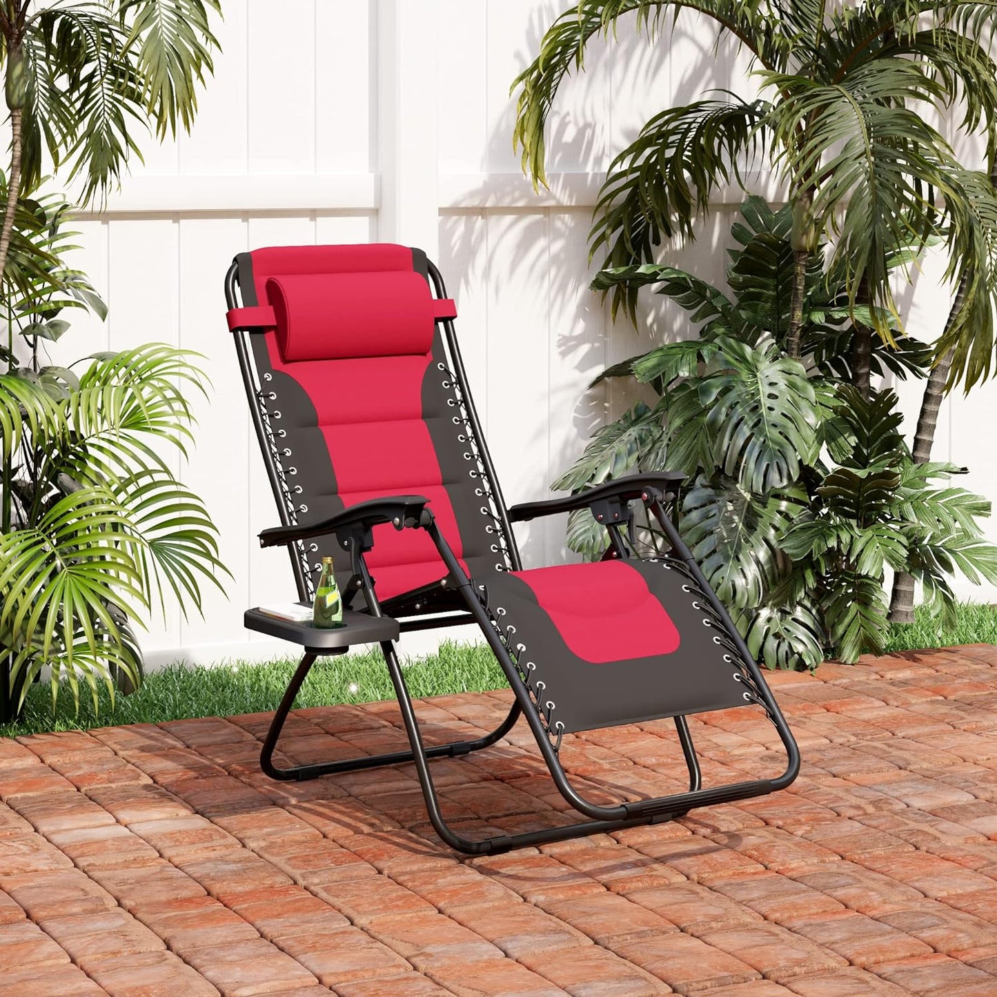 LAZY BUDDY Oversized Padded Zero Gravity Lounge Chairs Set, 2pcs Folding Patio Recliner with Adjustable Headrest & Tray