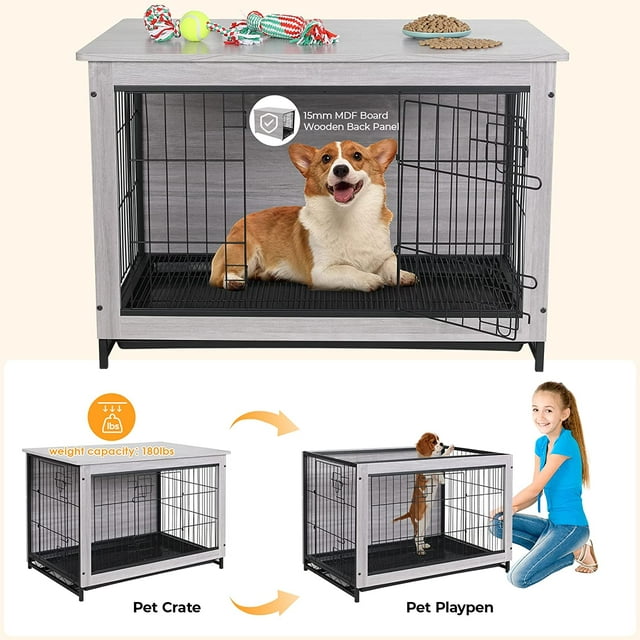 LAZY BUDDY Dog Crate Furniture for Small / Medium Dogs, Indoor Dog Kennel Side End Table Wooden Dog Cage with Removable Tray