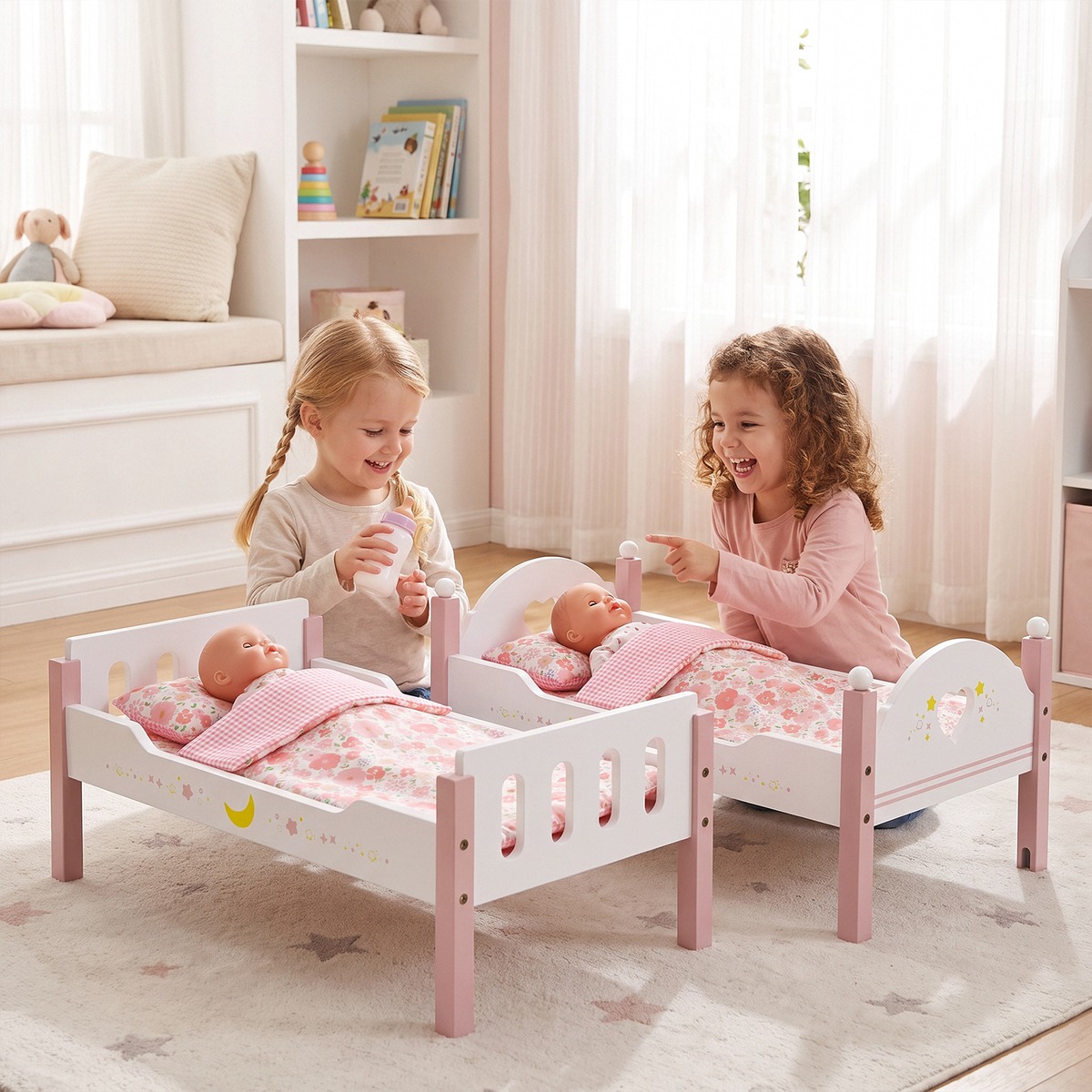 LAZY BUDDY Wooden Bunk Bed for Dolls up to 19in, Baby Dolls Crib with Bedding, Pretend Play Toy for Kids 3+
