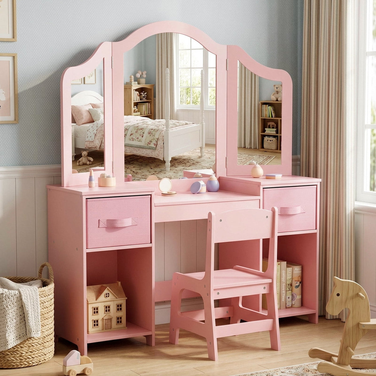 LAZY BUDDY Kids Vanity Set with Mirror and Stool, Toddler Makeup Dressing Table with Chair, Drawers & Storage Shelves, Wooden Princess Pretend Play Vanity for Girls Bedroom