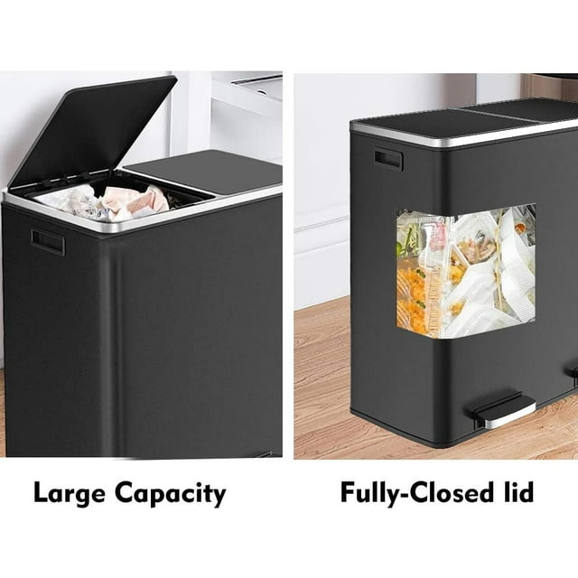 LAZY BUDDY Dual Garbage Can, Stainless Steel 16 Gallon Step Can W/ Foot Pedal, Double Compartment Garbage Recycling Bin