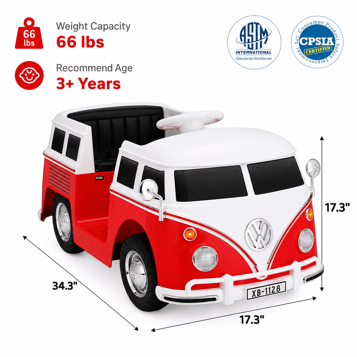 LAZY BUDDY 6V Licensed Volkswagen Electric Ride-on Car for Toddlers, Kids Ride-on Bus with Headlights, Battery Powered Ride on Toy