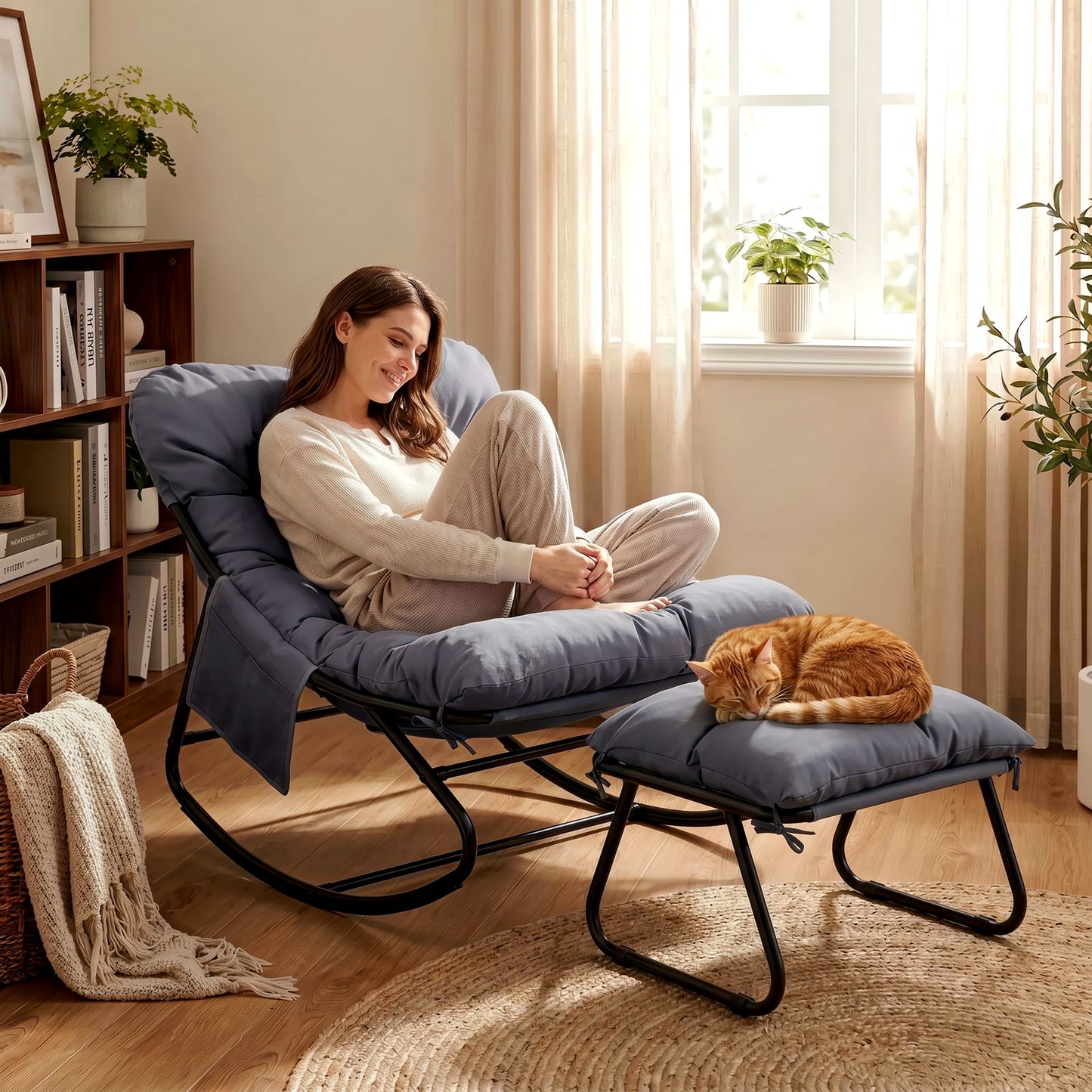 LAZY BUDDY Large Papasan Rocking Chair with Ottoman, Patio Lounge Chair Rocker with 7.4'' Thick Cushion, for Indoor Outdoor Use