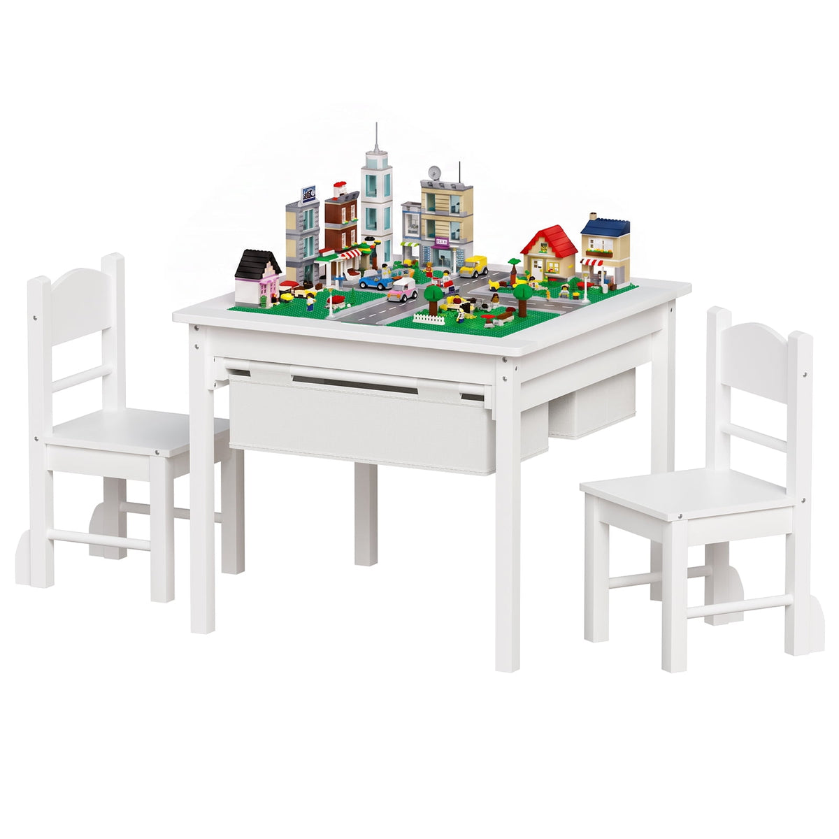 LAZY BUDDY Wooden Toddler Table and Chairs Set, Kids Play Activity Table Set with Reversible Tabletop & 2 Storage Drawers, for Drawing Reading Dining