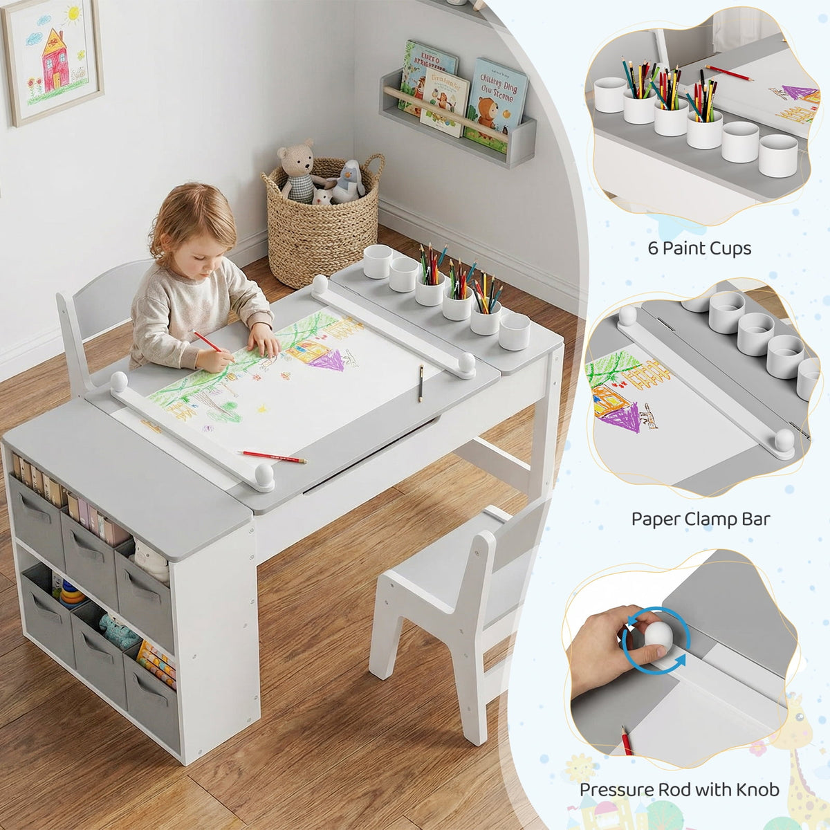 LAZY BUDDY Kids Art Table and Chairs Set, 2-in-1 Easel & Kids Craft Table and Chairs with Storage Bins, Paint Cups and Paper Roll